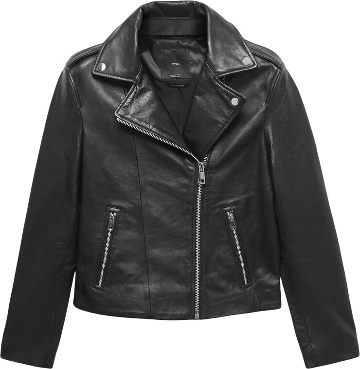 MANGO Leather biker jacket Black