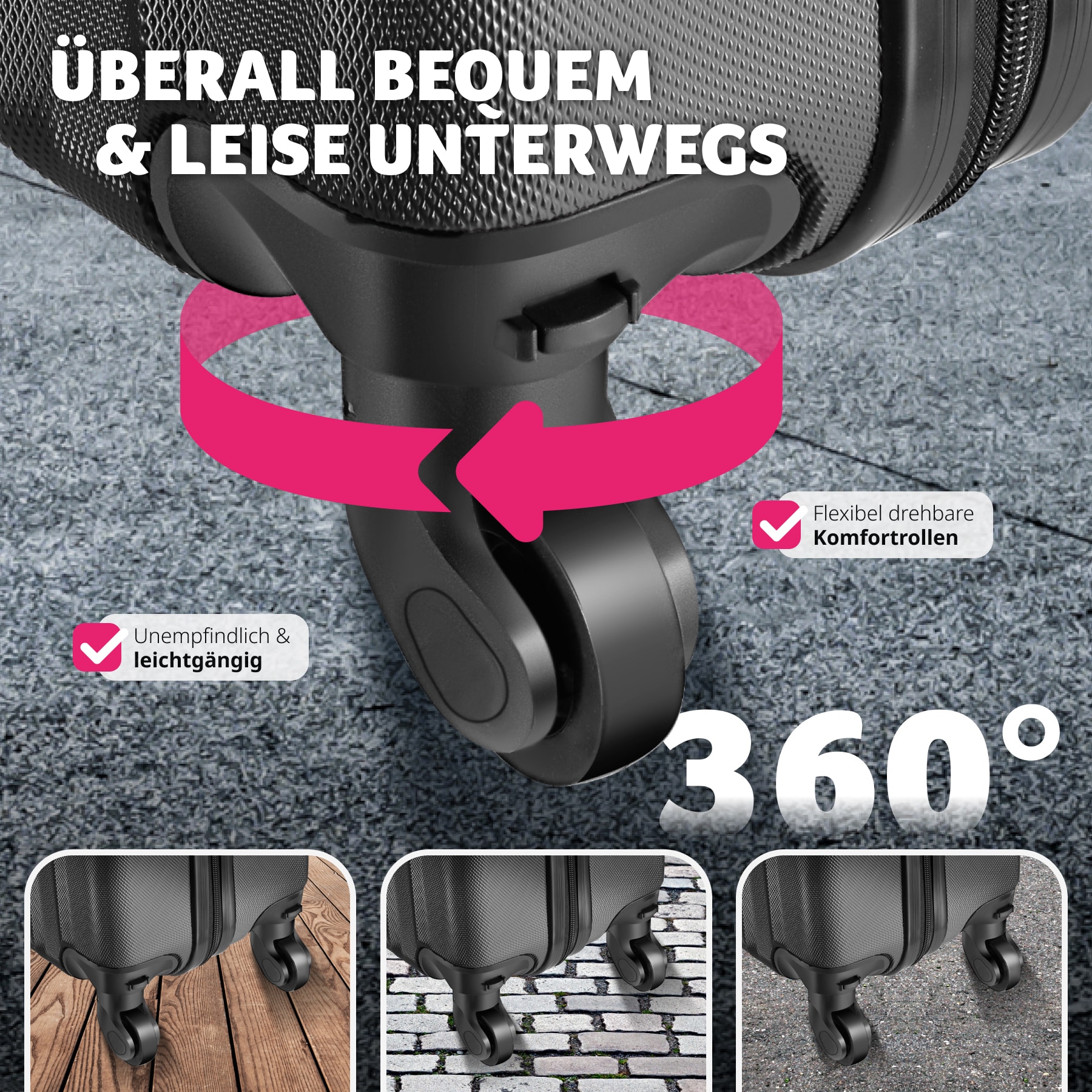 tectake® 3er Kofferset, 3-teilig aus robustem ABS-Kunststoff inkl. Kofferwaage und -anhänger, 360° drehbare, abnehmbare Rollen, mit Sicherheitszahlenschloss