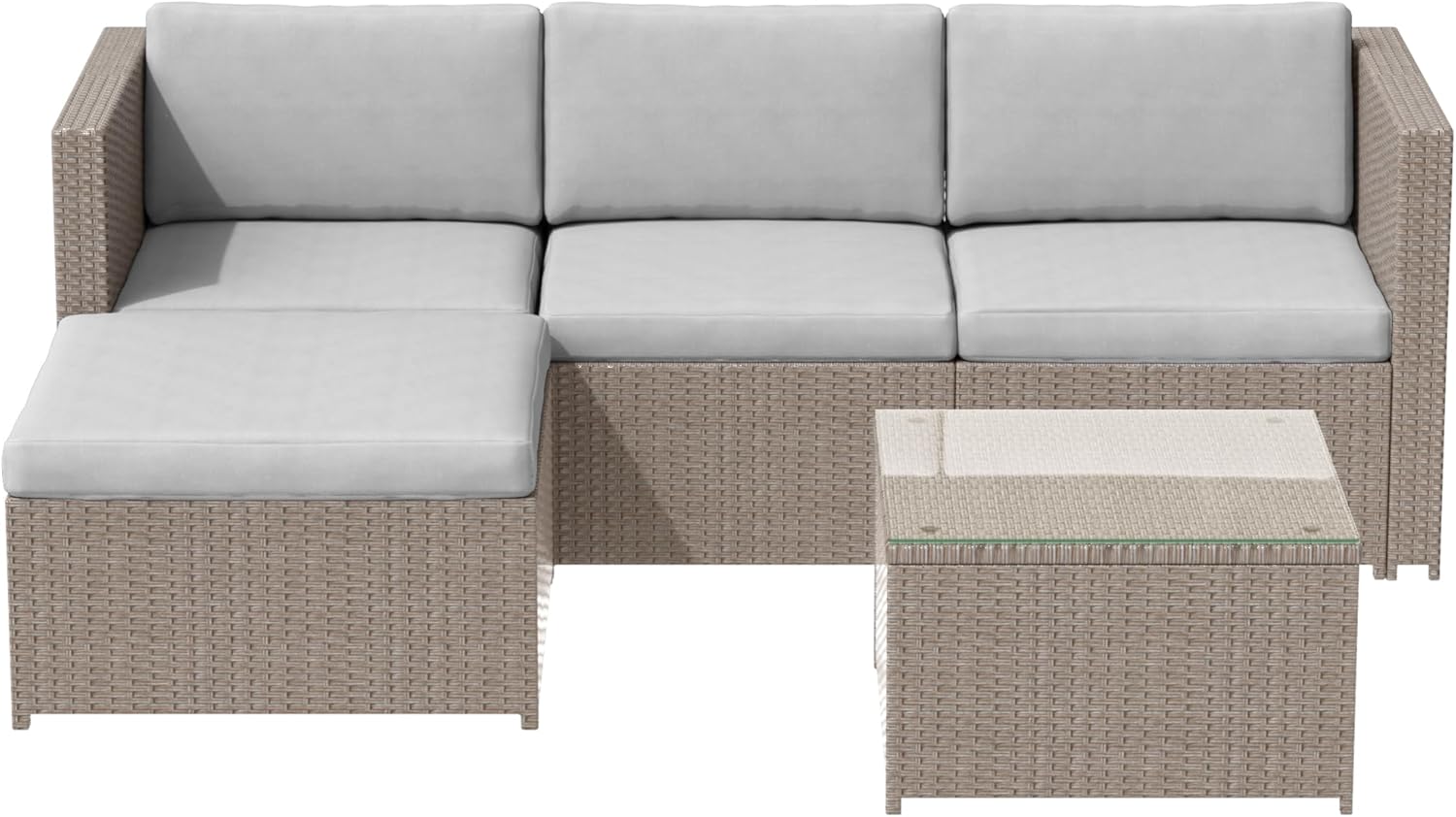 Merax Polyrattan Lounge, Gartenmöbel Set Balkonmöbel für 3-4 Personen, Gartenlounge, Sitzgruppe Outdoor mit Kissen und Glastisch, Terrassenmöbel, Ecksofa, für Garten Balkon und Terrasse, Khaki