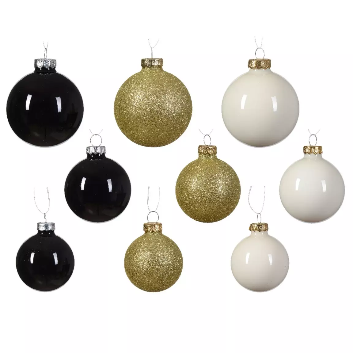 Lot de 21 boules de Noël (D70 mm) Cristal en verre Blanc laine, or et noir