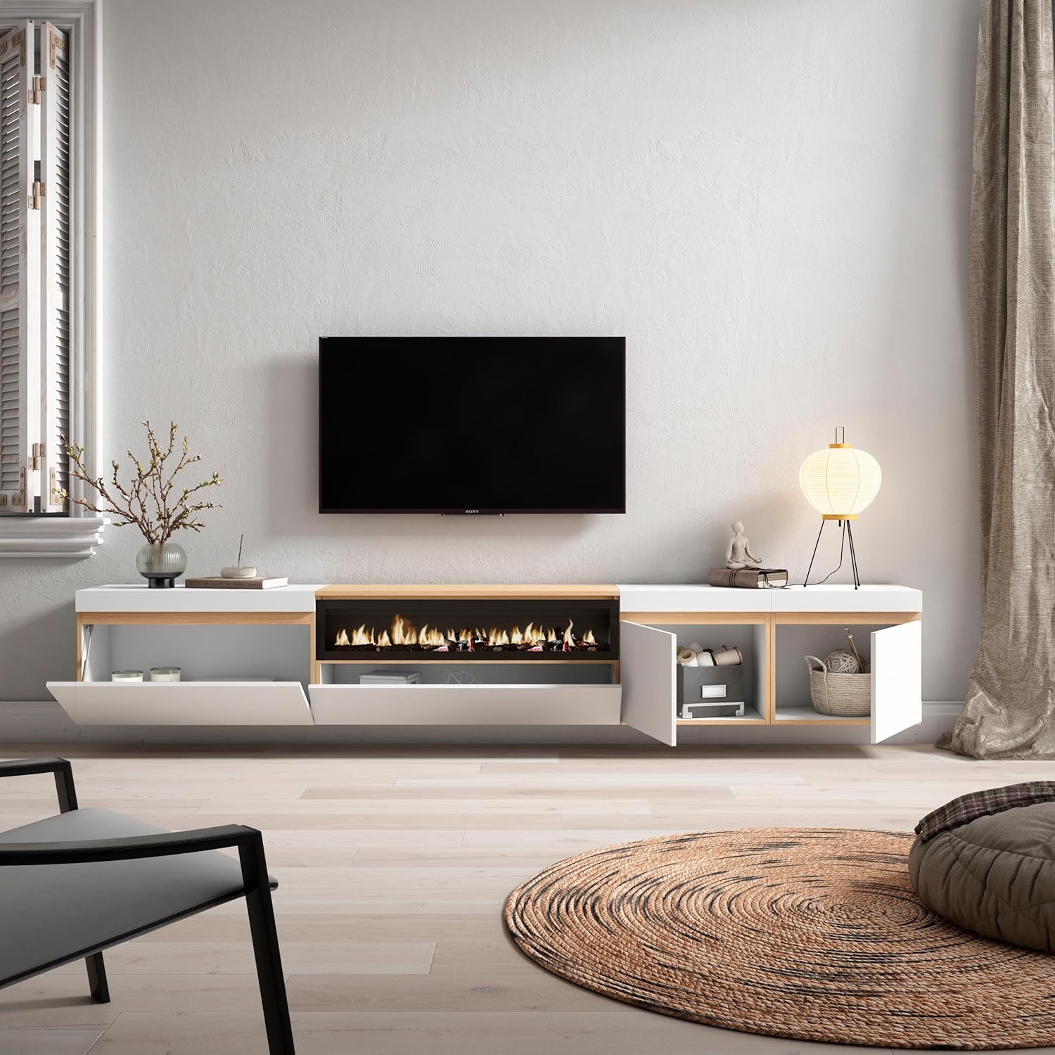 Skraut Home | TV-Schrank, Lowboard | für Wohnzimmer und Esszimmer | 288x45x35 cm | Für großformatiges TV | Elektrokamin. | Hängend | Moderner Stil | Weiß und Eiche Soft