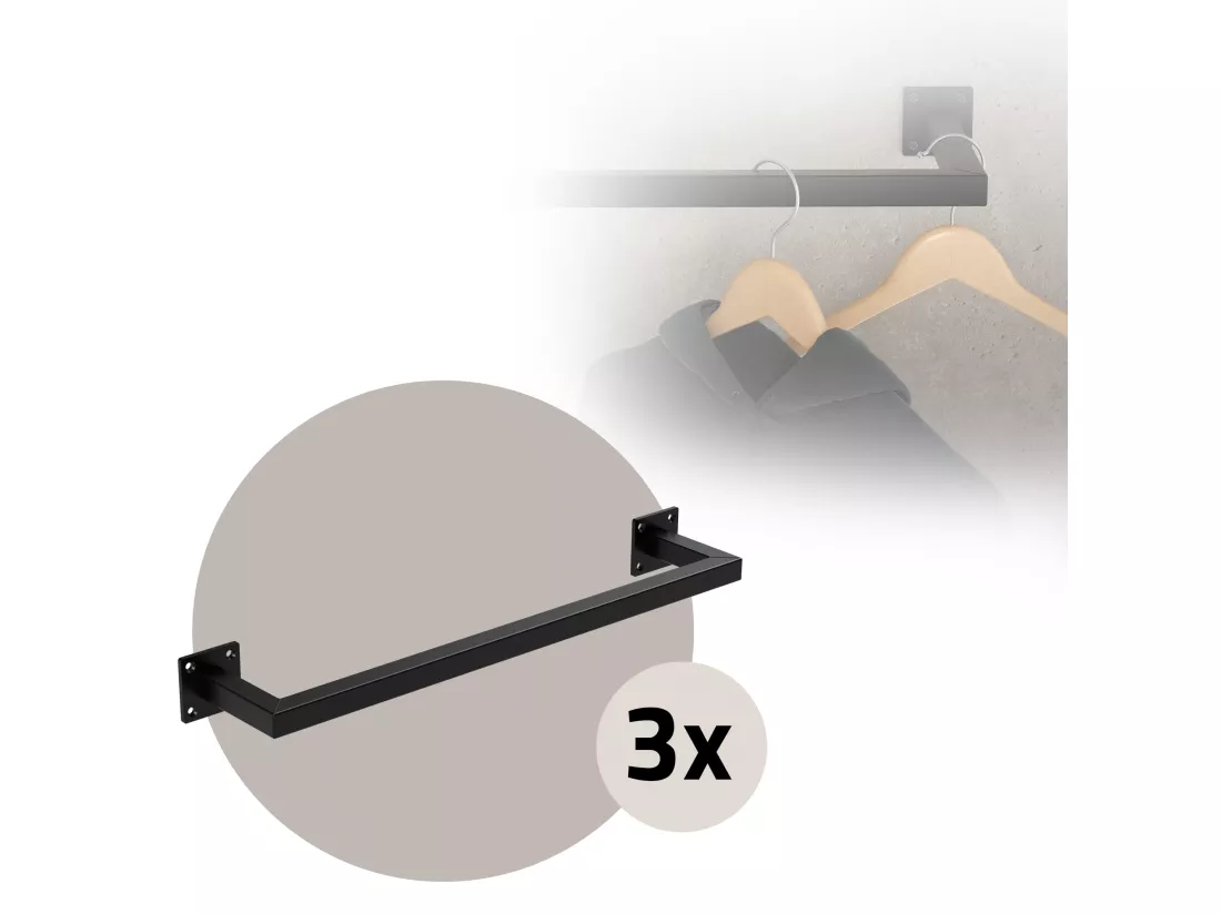 3x Tringle à vêtements tringle de support noir montage mural porte-manteau 60 cm