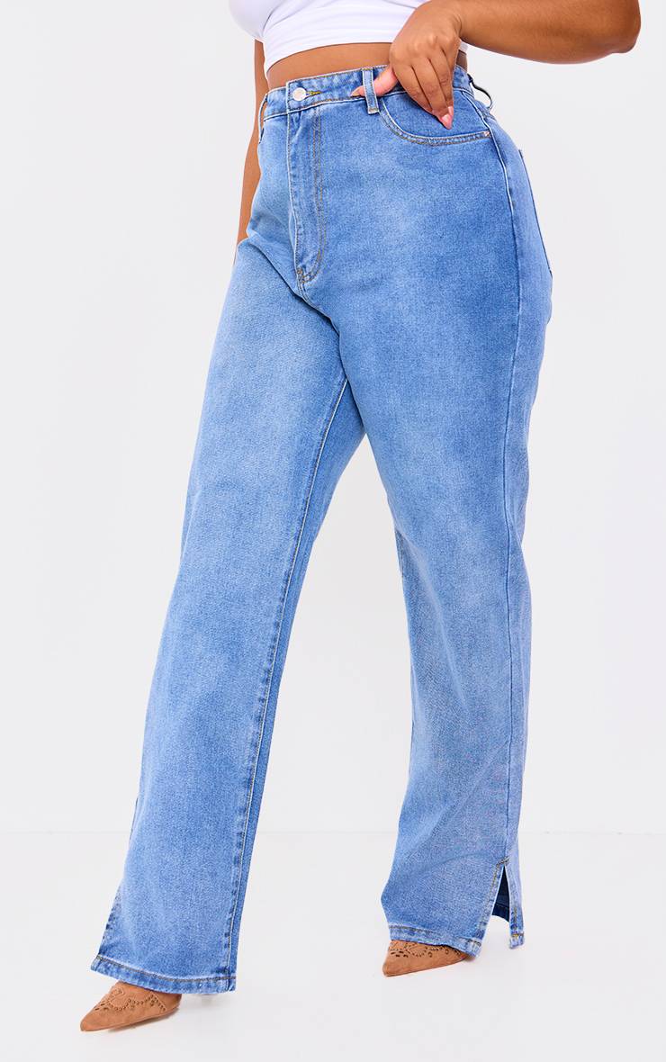 Mid Blue Wash Jean Grande Taille À Ourlet Fendu