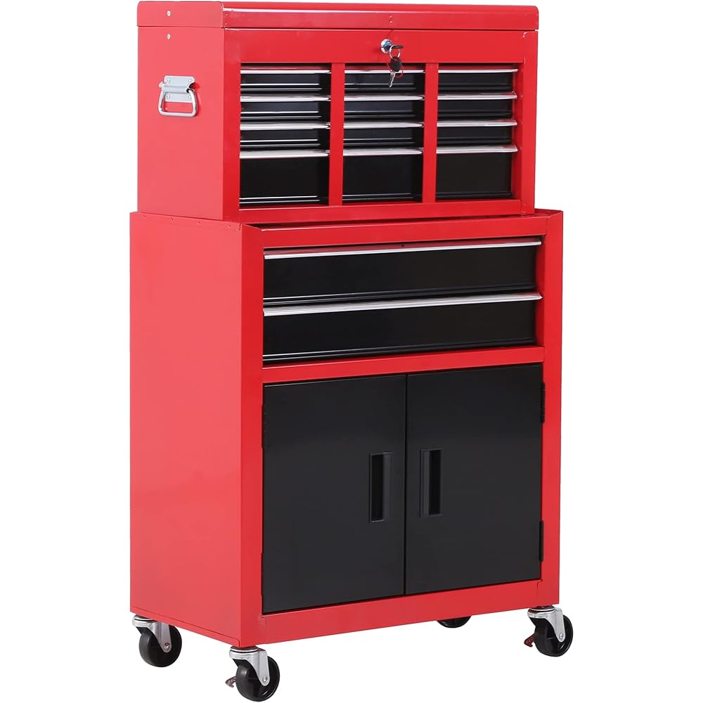 HOMCOM Servante d'atelier servante/Caisse à Outil 6 tiroir +1 Commode Coffre Amovible Chariot Acier Rouge et Noir : Bricolage
