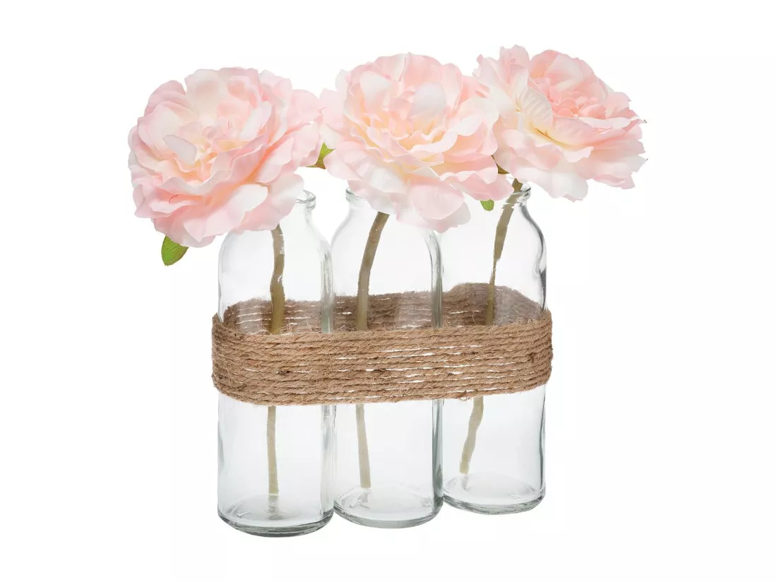 Composition artificielle de 3 Roses dans 3 Vases en verre liés par une corde