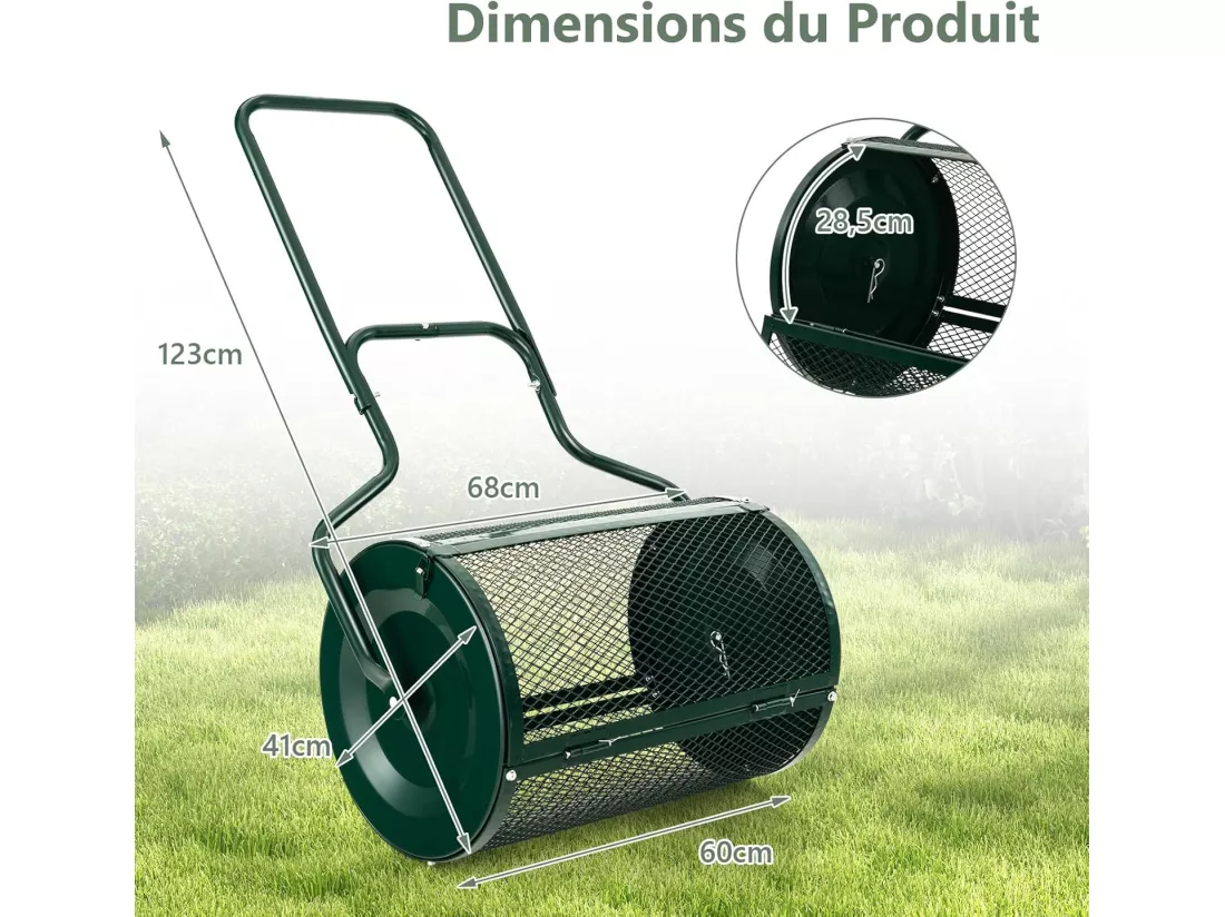 Épandeur à Compost de 60 cm Rouleau en Treillis Métallique, Épandeur de Gazon avec Poignée en Forme de ‘U’ Loquets Latéraux, pour Entretien du Jardin et Pelouse Vert