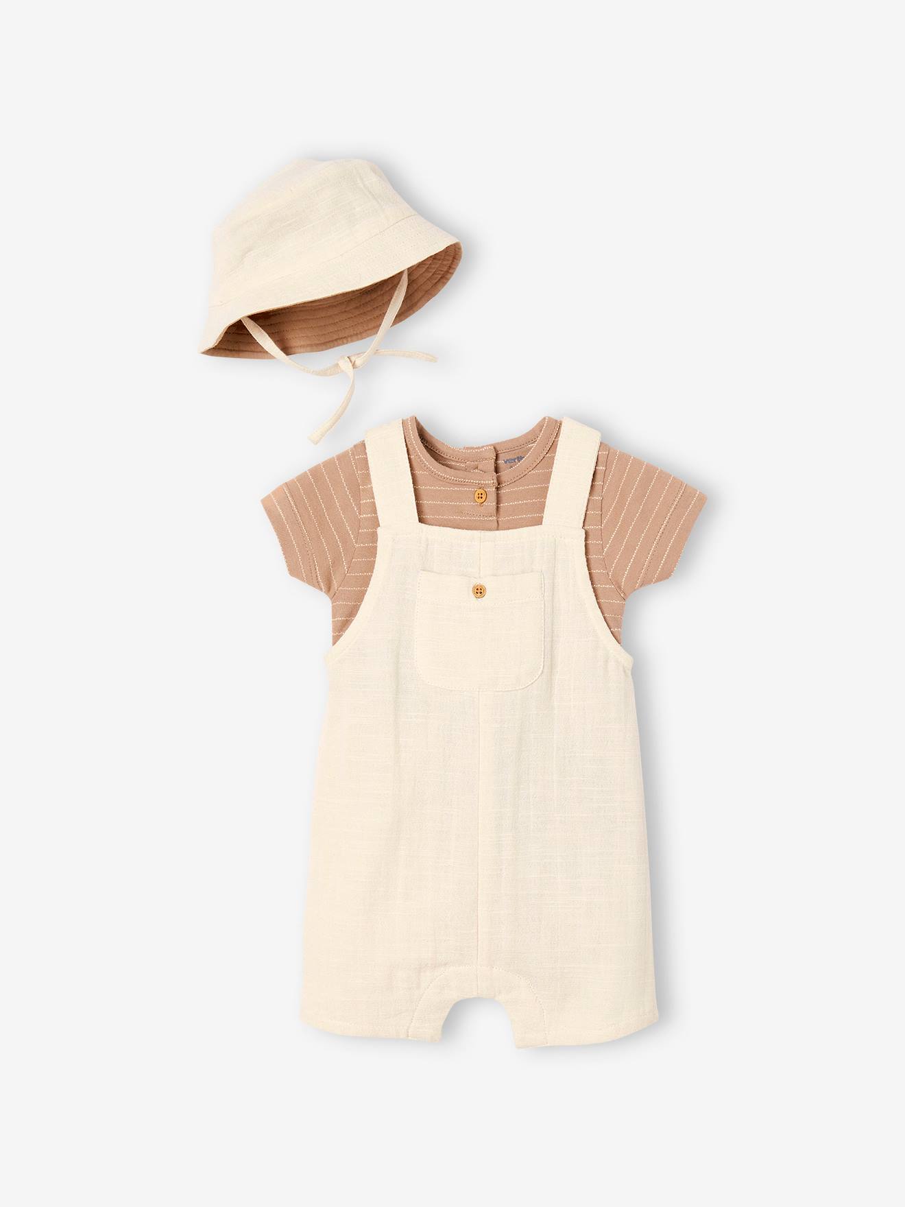 Roupa de bebê: body, jardineira e chapéu branco-creme