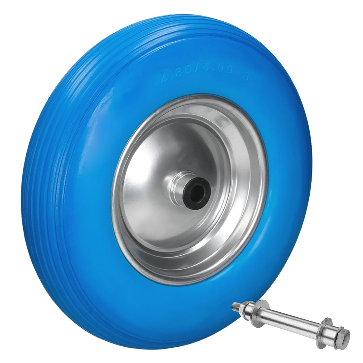 ECD Germany kruiwagenwiel van lekvrij massief PU-rubber, reservewiel met as, 4,80/4,00-8, diameter 390 mm, blauw, 200 kg, band met stalen velg, PU-wielband voor kruiwagens en tuinkarren