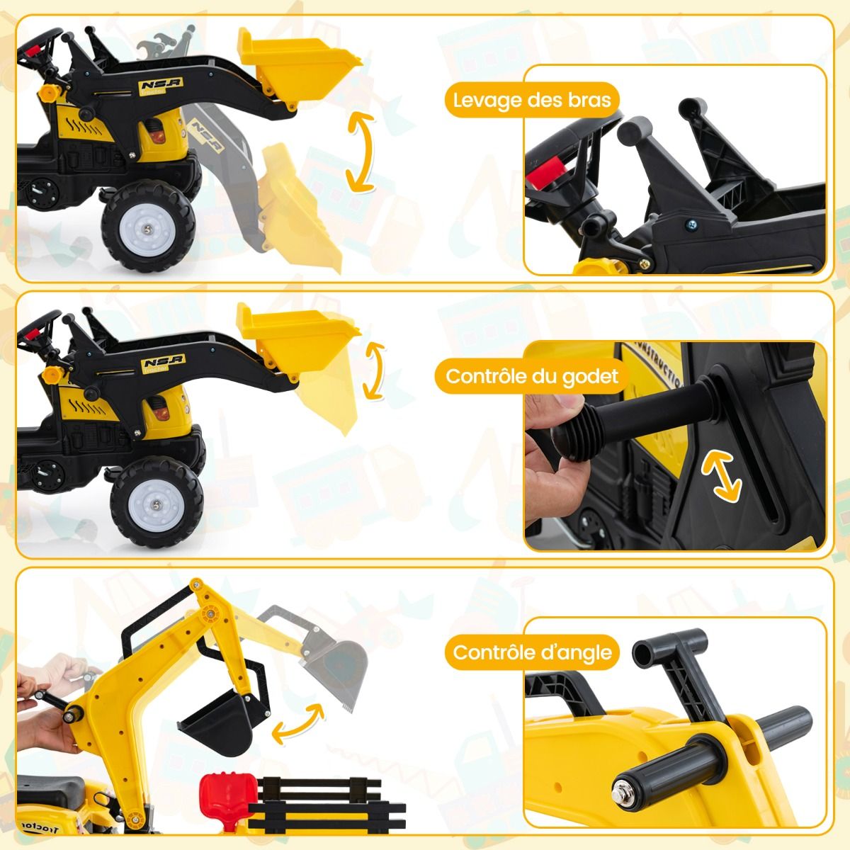 3 en 1 Tracteur pour Enfant avec 6 Roues Jouet Pelle Remorque Amovible avec Volant Klaxon 3 à 6 Ans Jaune/Vert - Lidl-Manfred