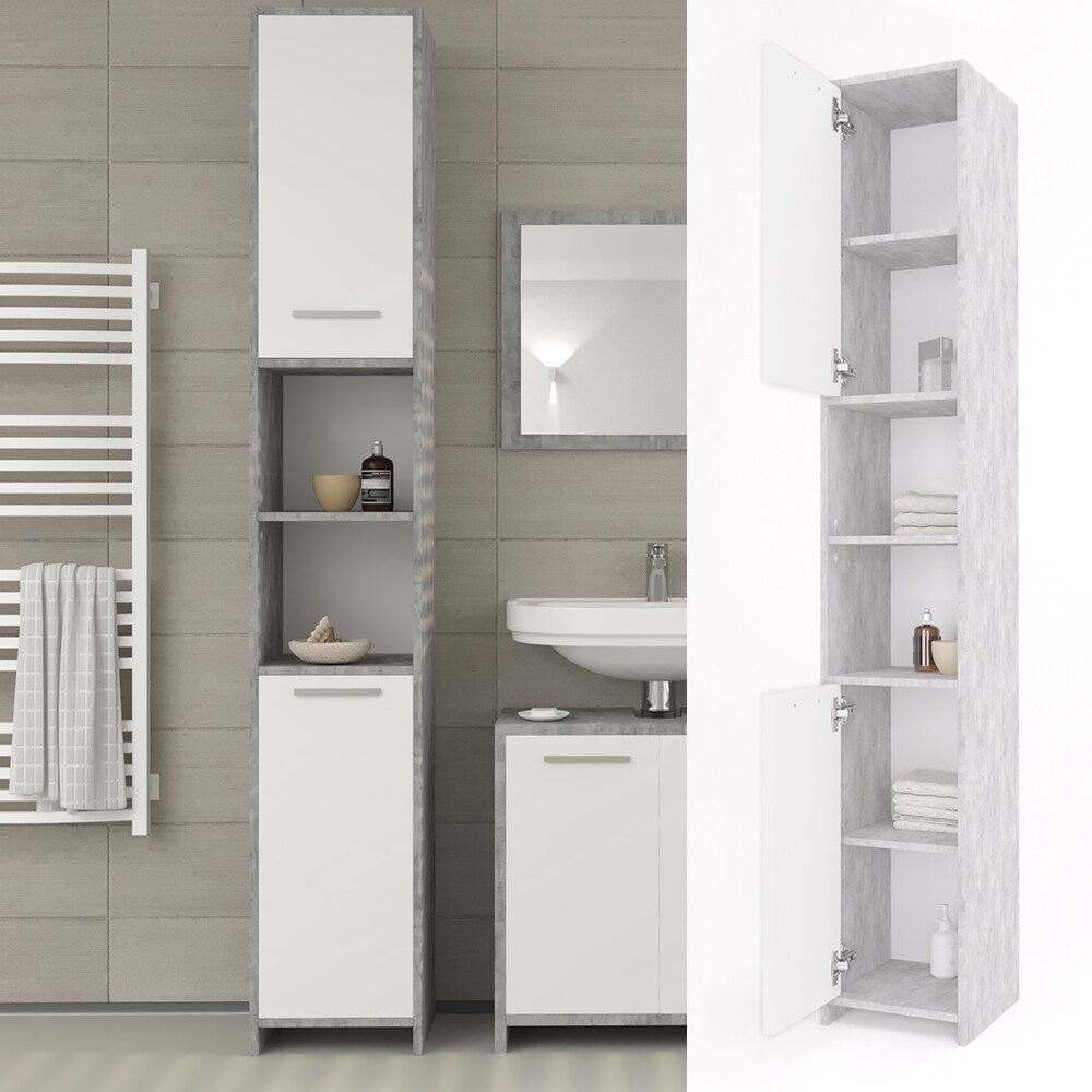 VICCO Badschrank KIKO 190 x 30 cm Weiß Grau Beton - Hochschrank Regal Badregal