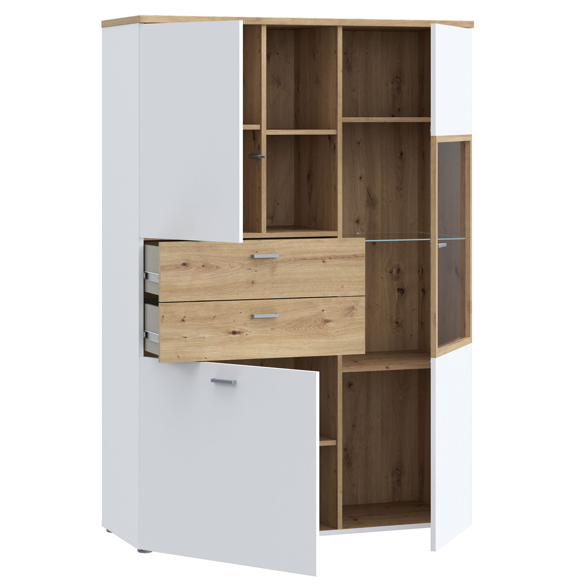 Highboardvitrine - weiß - Artisan Eiche - 110 cm breit