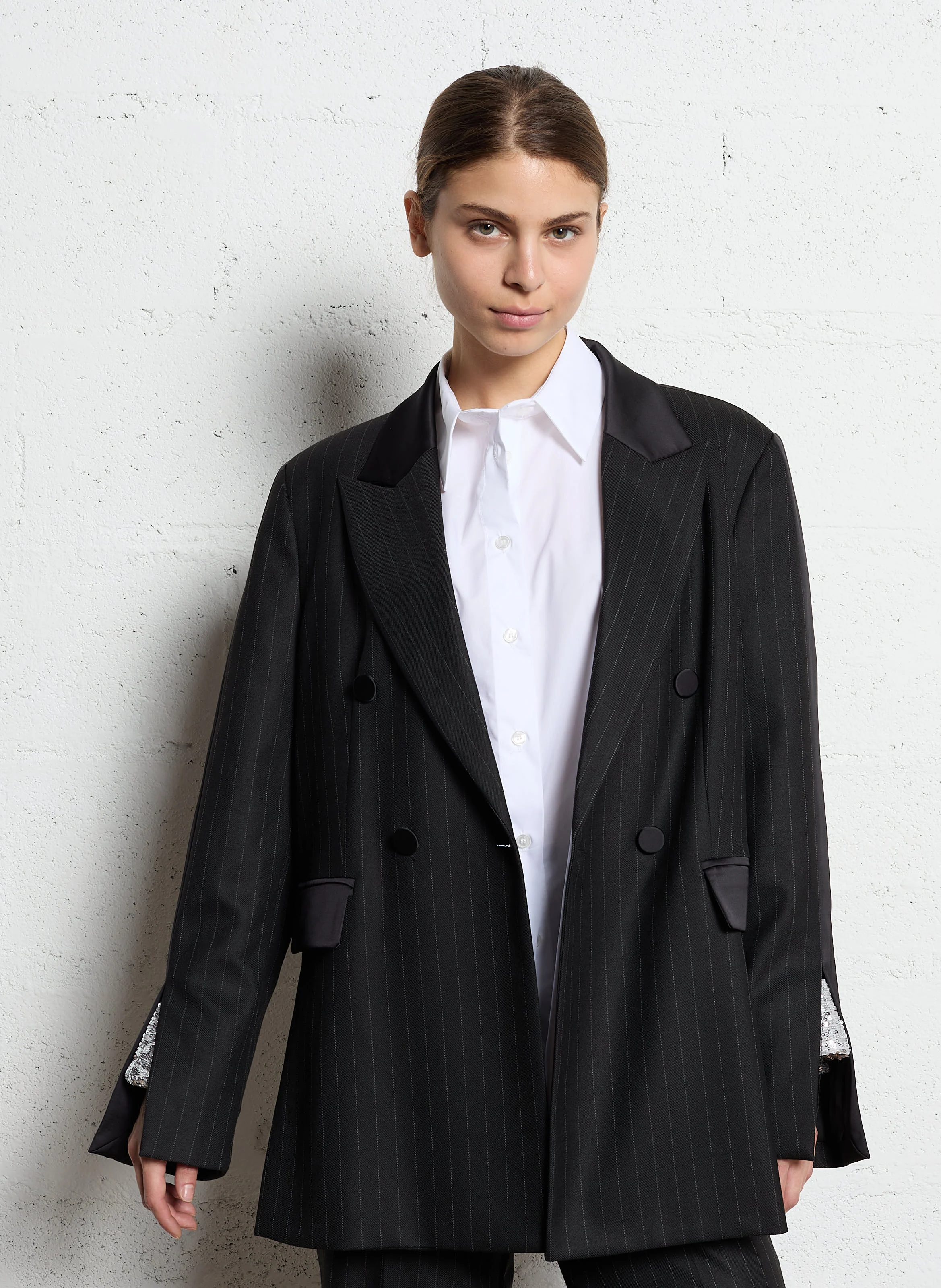 Blazer croisé à fines rayures | Noir