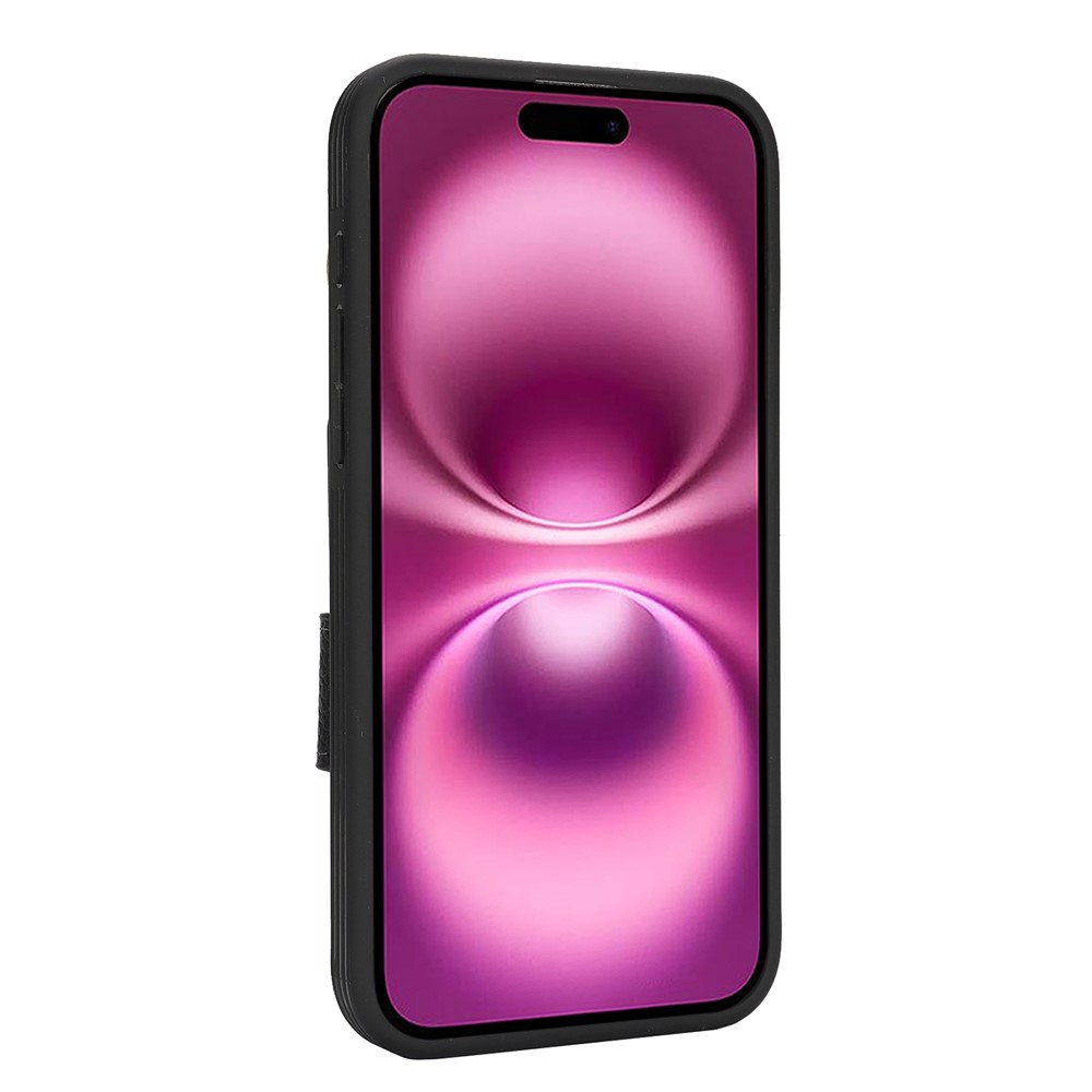 iPhone 16 Pro Leder Hülle mit Münzfach und Kartenfächer   Finger Griff Halterung - Schwarz