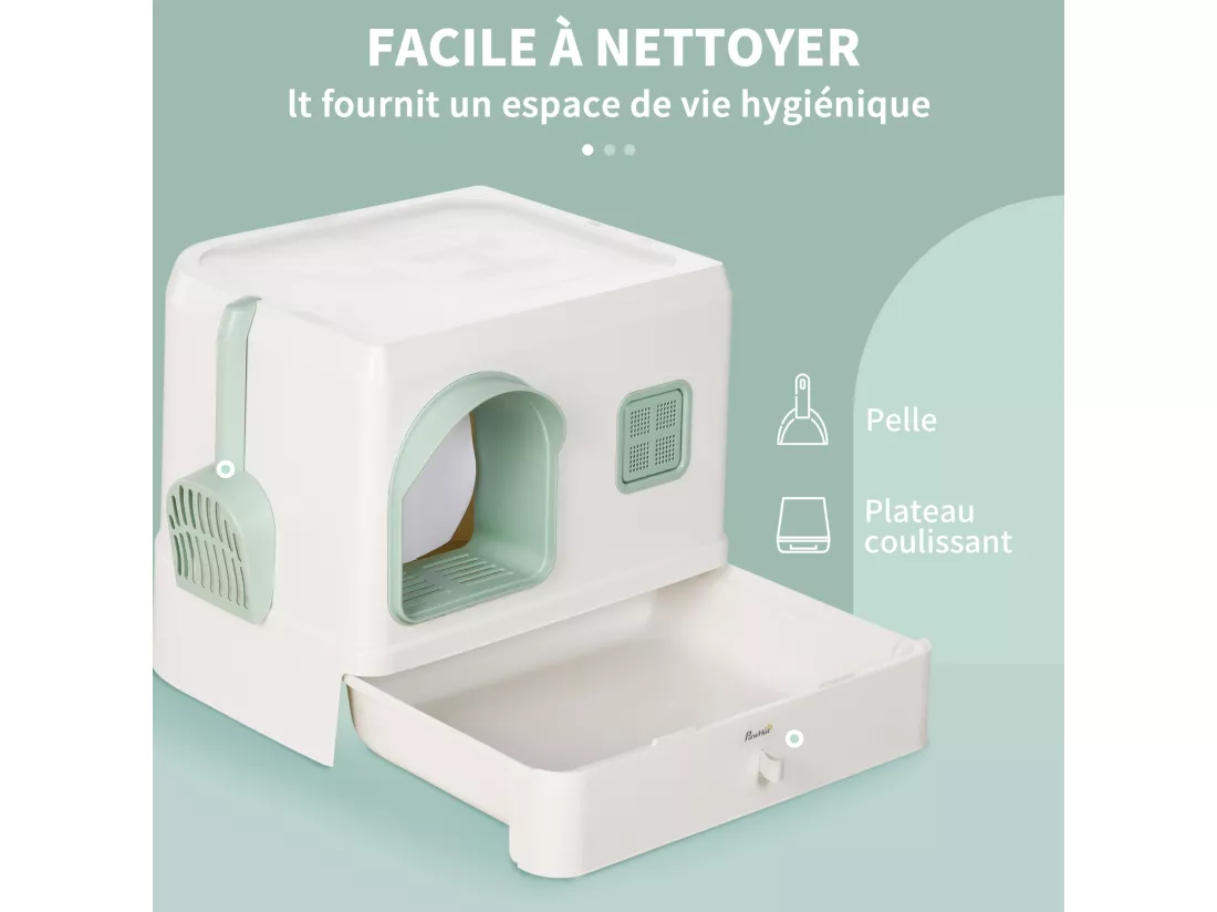 Maison de toilette chat design maisonnette - pelle, 2 désodorisants, plateau coulissant intégrés - blanc vert