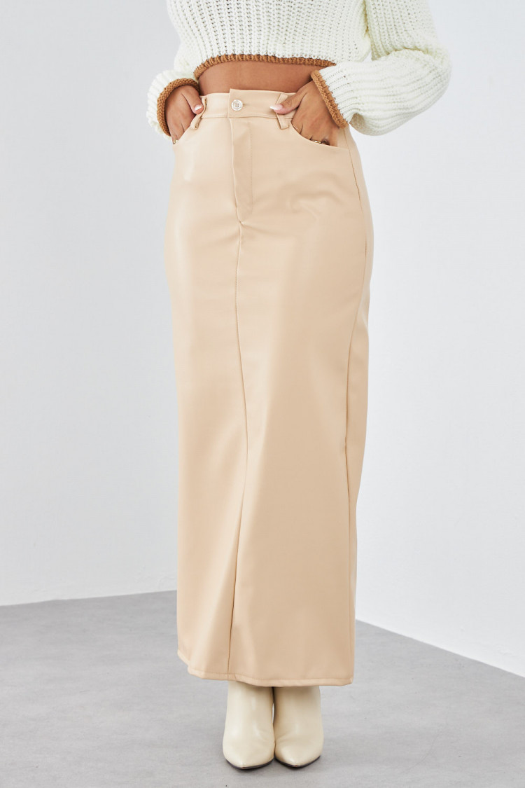 Jupe longue en simili cuir beige