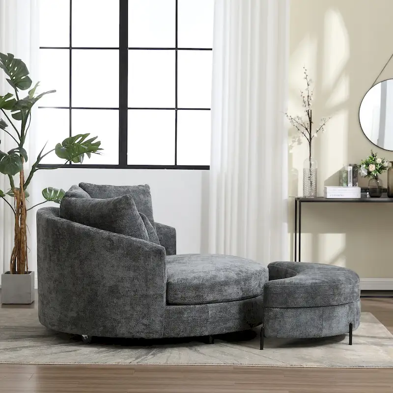 Modern Sofa Chair Round Accent Barrel Chair With 5 Pillows and Optional Ottoman