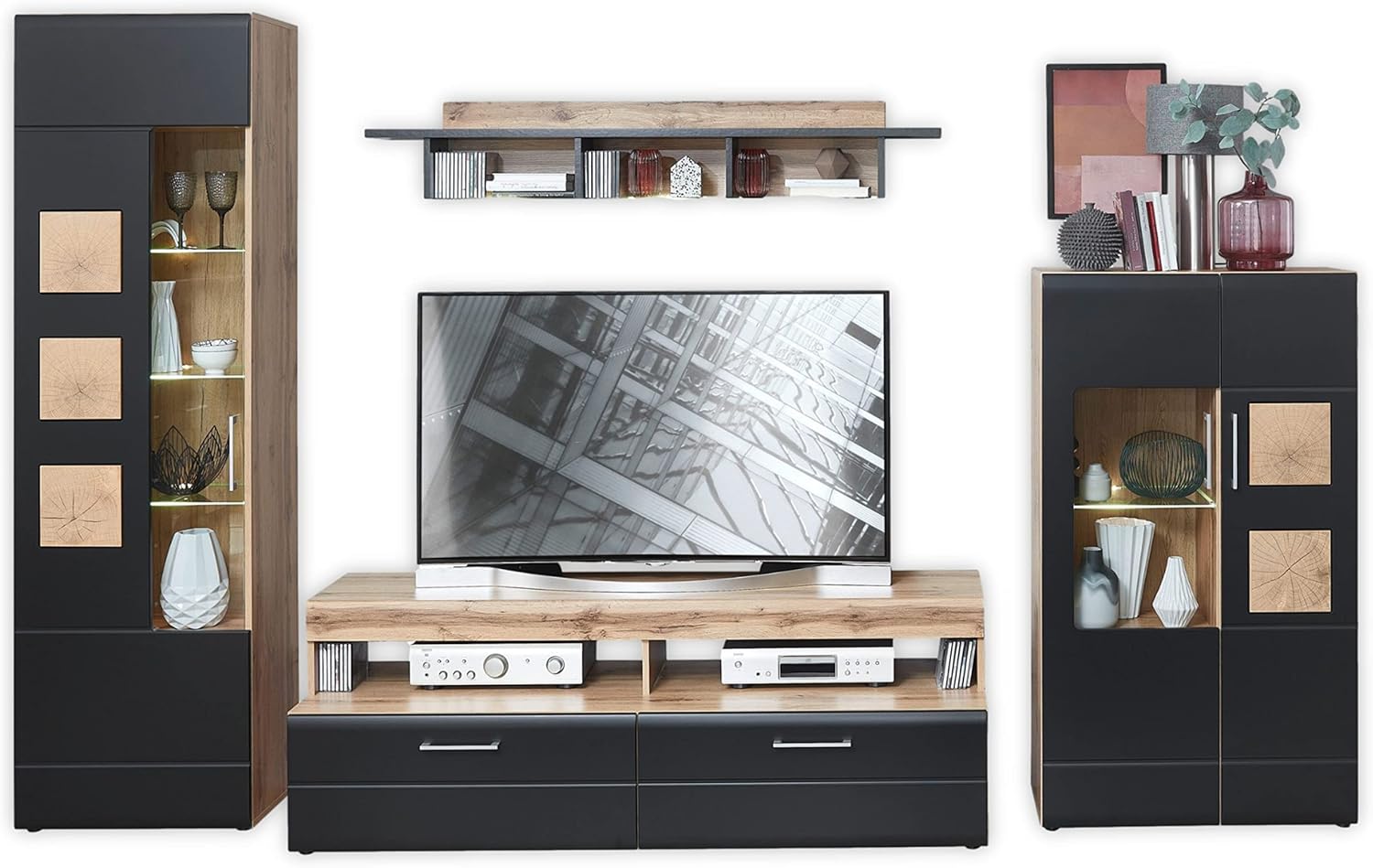 Stella Trading SONATE Wohnwand Komplett-Set in Eiche Altholz Optik, Schwarz - Moderne Schrankwand mit LED-Beleuchtung für Ihr Wohnzimmer - 340 x 208 x 52 cm (B/H/T)
