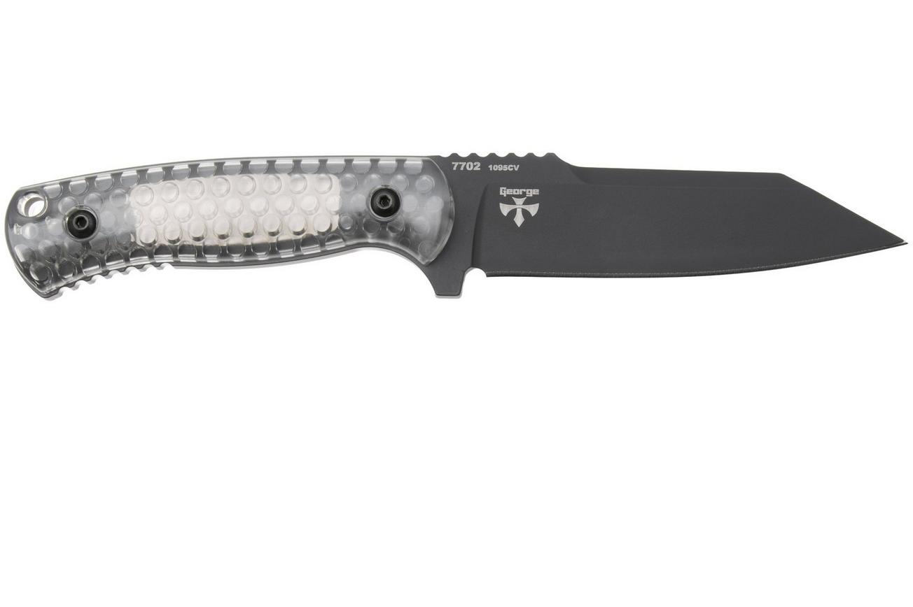 KA-BAR Cool Name 7702, Black 1095 Cro-Van Reverse Tanto, Transparent Honeycomb Smoke Polycarbonate, vaststaand mes, Les George design