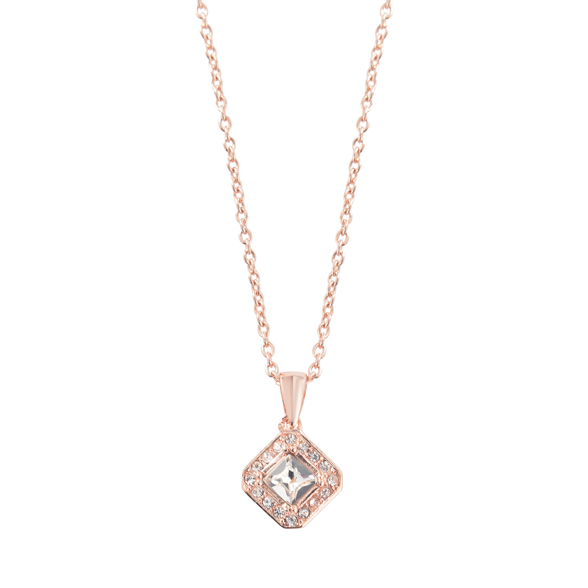 (48cm) Damen Halskette mit Kristall Strass Stein Anhänger Eckig - Roségold