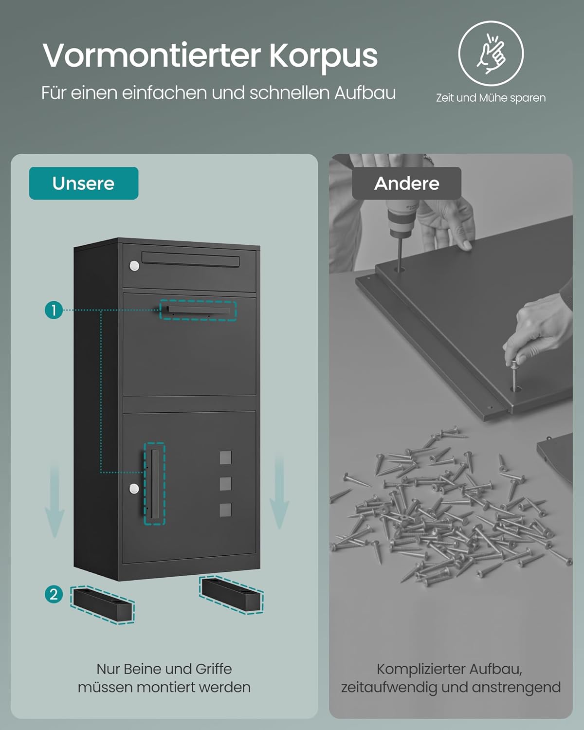SONGMICS Paketbox, Paketbriefkasten, Briefkasten mit Paketfach, Paketkasten XXL, für Briefe, Pakete, Schloss mit Abdeckung, 2 Schlüssel, Stahl, anthrazitgrau GMB091B01