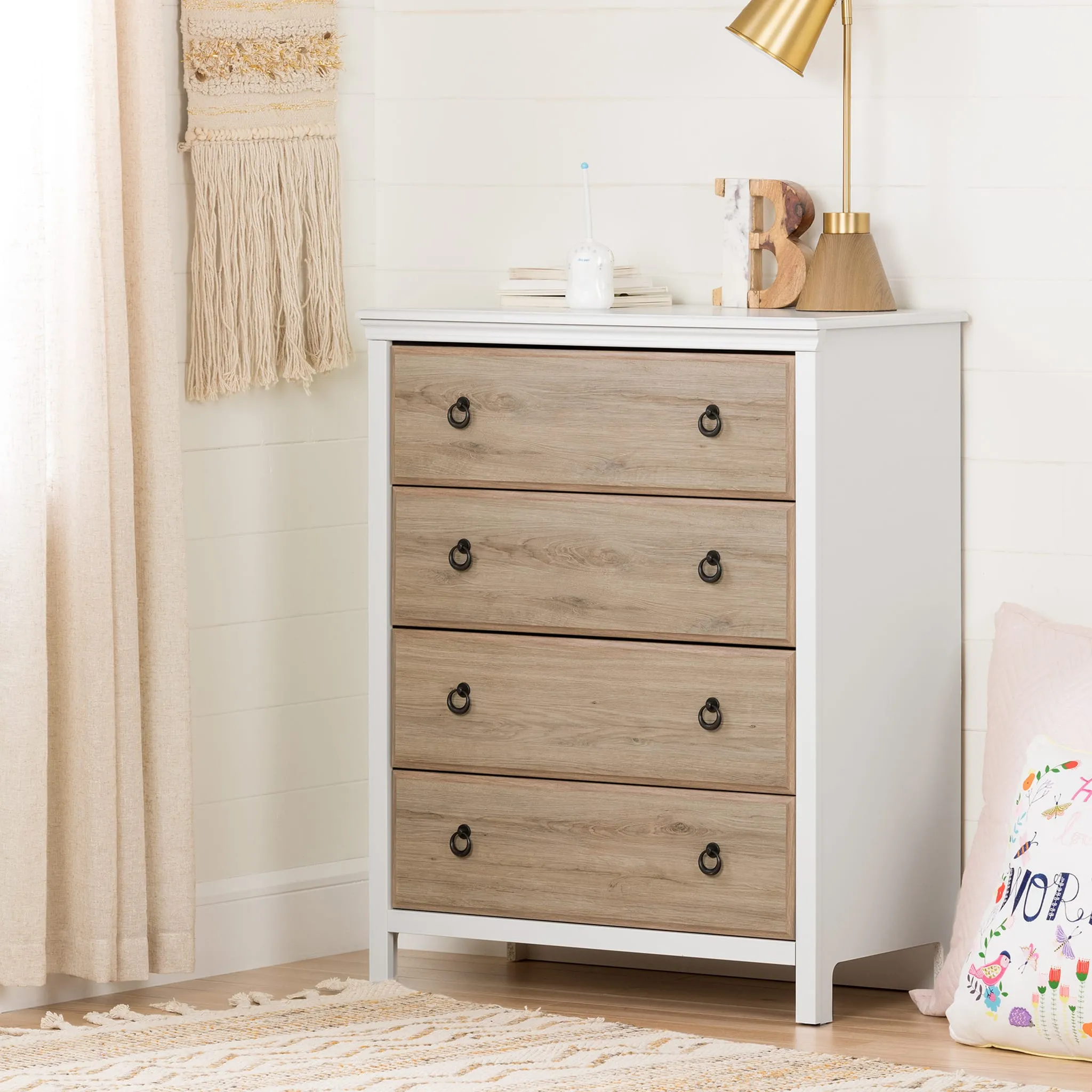 South Shore Commode 4 Tiroirs - Catimini Blanc et Chêne rustique