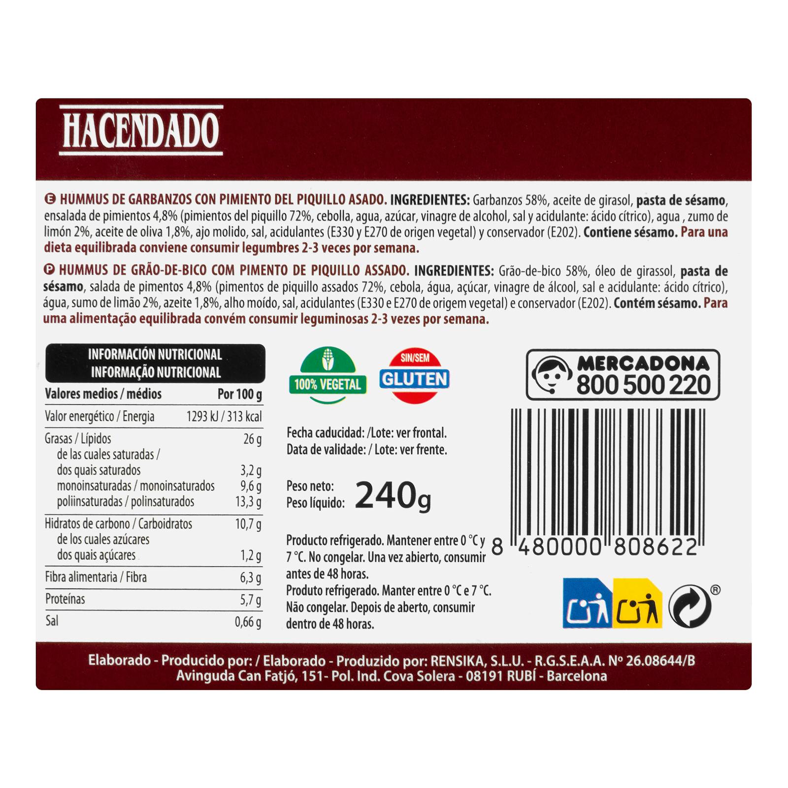 Houmous de pois chiches Hacendado et piments piquillos rôtis