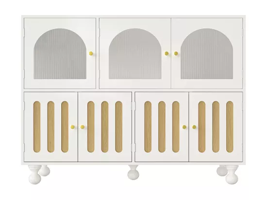 Buffet de salle à manger moderne blanc avec design arc-en-ciel, longues portes en verre, pieds à colonnes rondes, meuble de rangement élégant