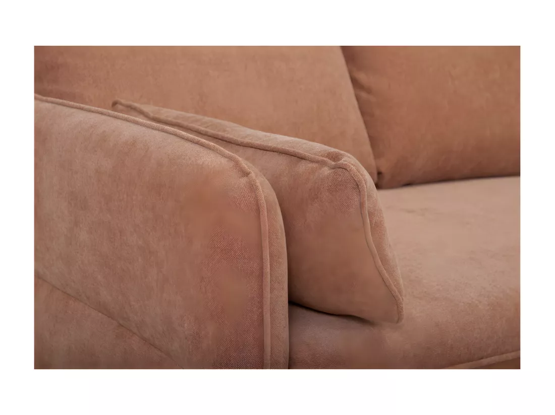 Canapé d'angle convertible réversible avec coffre 3-4 places en tissu effet velours terracotta et bois clair DRISS