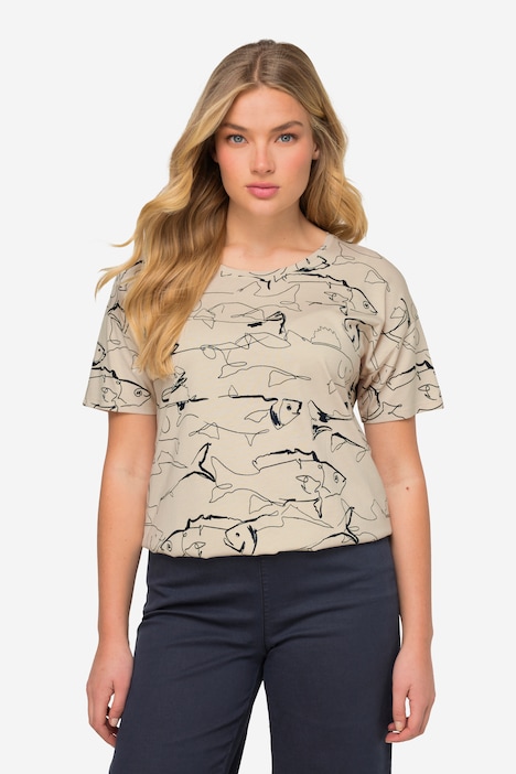 T-Shirt, oversized, Fische-Print, Rundhals, OEKO-TEX