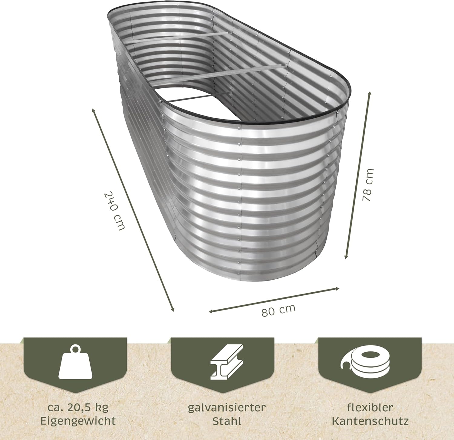 NATIV Hochbeet Metall 240x80x78 cm oval, galvanisiert, wetterfestes Garten Hochbeet mit Bodengitter gegen Wühlmäuse und Kantenschutz, stabiles Pflanzbeet für Gemüse, Kräuter und Blumen im Außenbereich