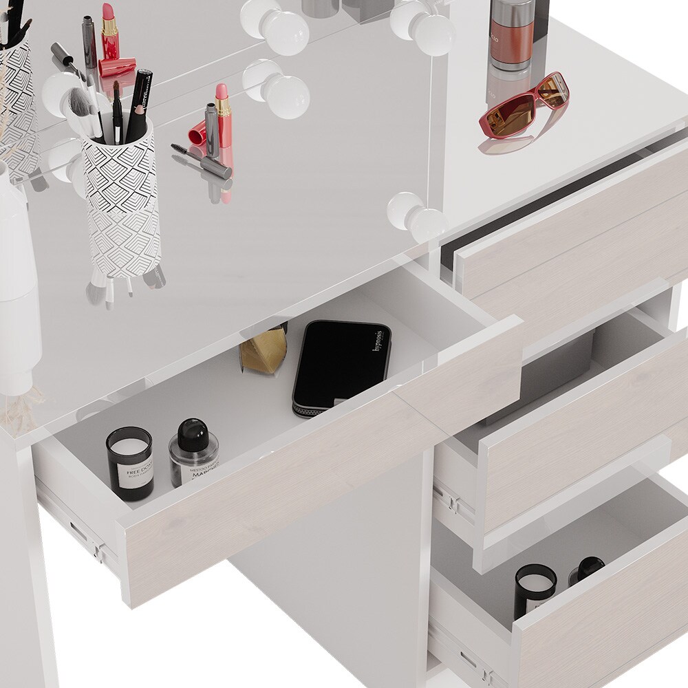 Vicco Schminktisch Frisiertisch Frisierkommode Sherry Weiß Schminkspiegel LED 90x75 cm modern Schlafzimmer Kommode Schublade Ablage Aufbewahrung Kosmetiktisch Make-Up-Tisch Hochglanz