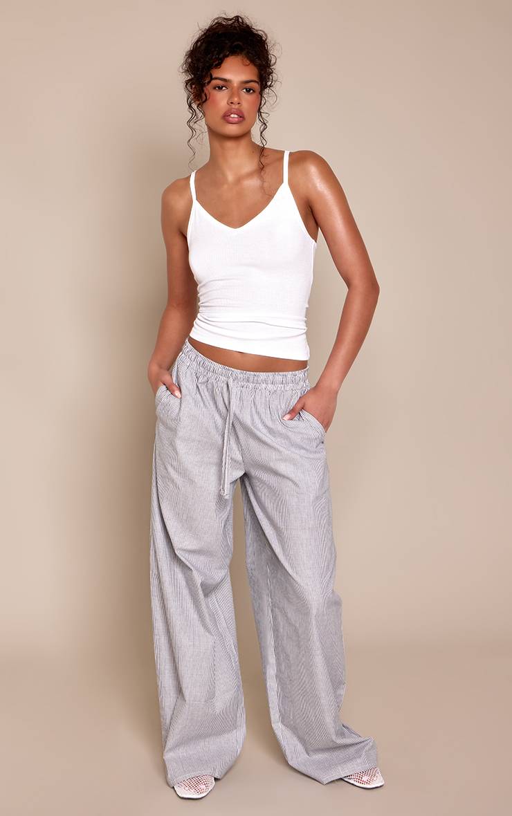 Bleu Marine Pantalon Rayé Tissé À Cordon De Serrage