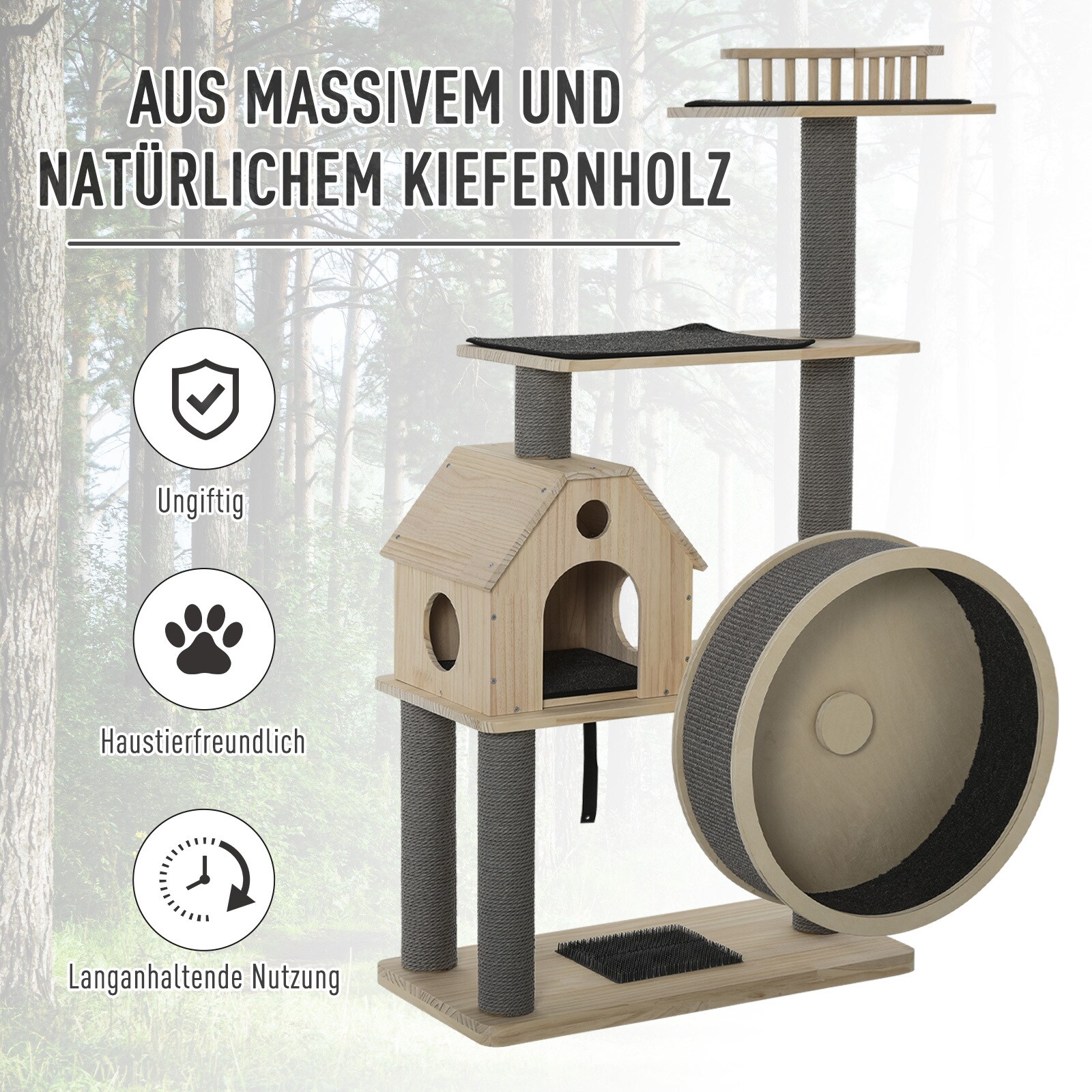 PawHut Kratzbaum mit Laufrad natur 80 x 40 x 148 cm (BxTxH)