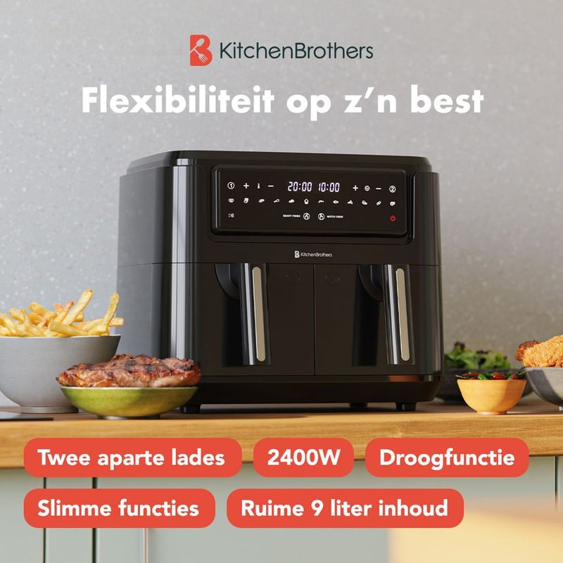 KitchenBrothers Airfryer XXL - Dual Zone - 9L - Zwart