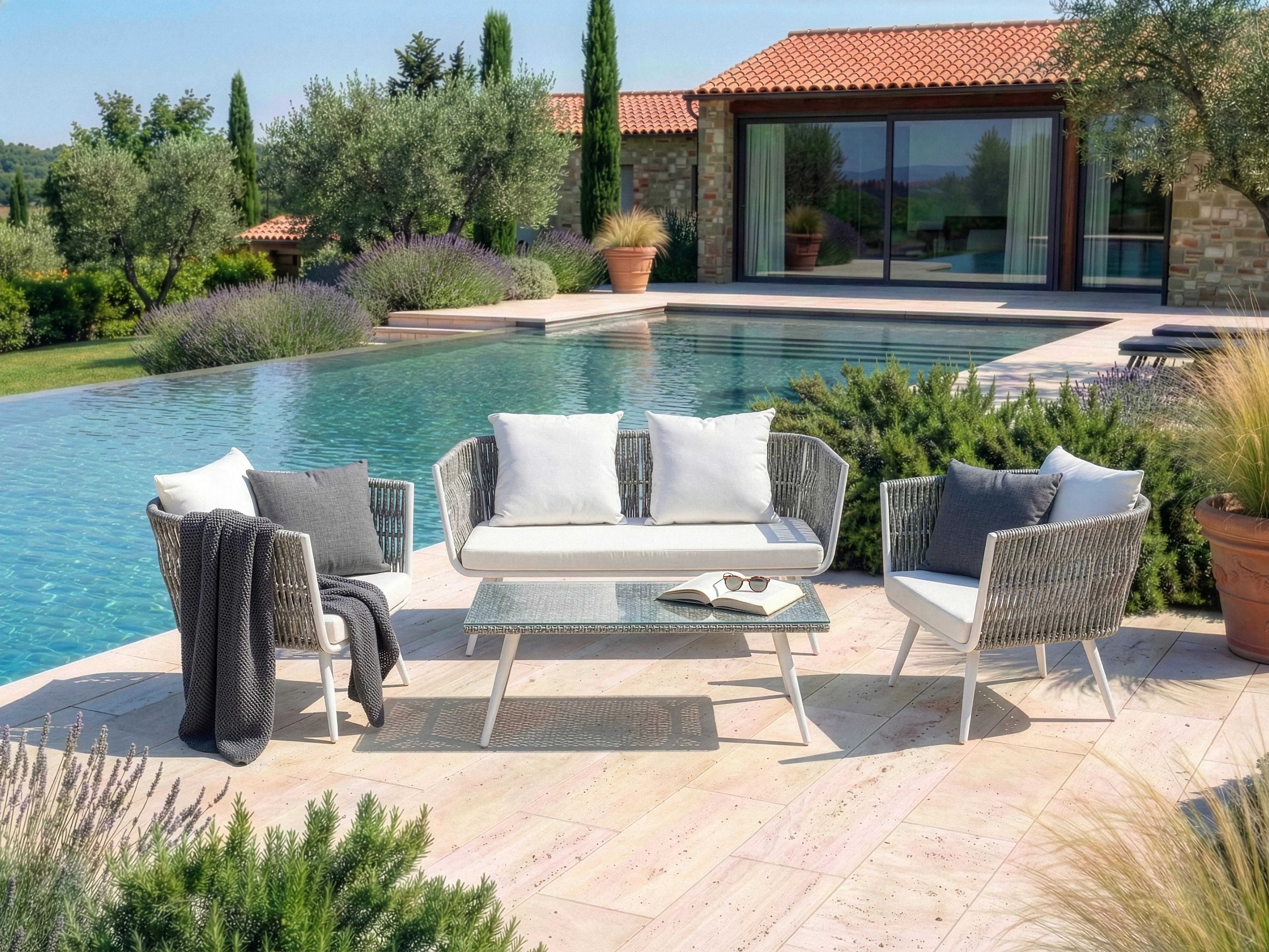 Loungeset met tafel 4-zits RAGUSA PE rotan Gebroken wit
