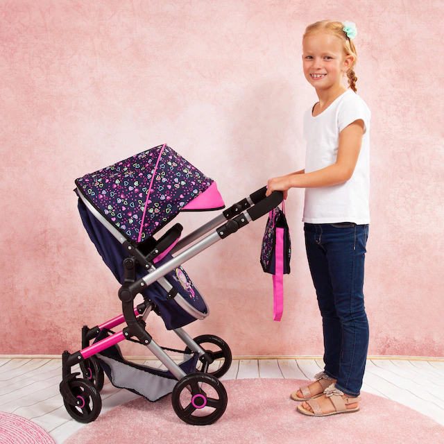 Bayer Kombi-Puppenwagen »Vario, Blau/Pink/Herzchen« inkl. Wickeltasche