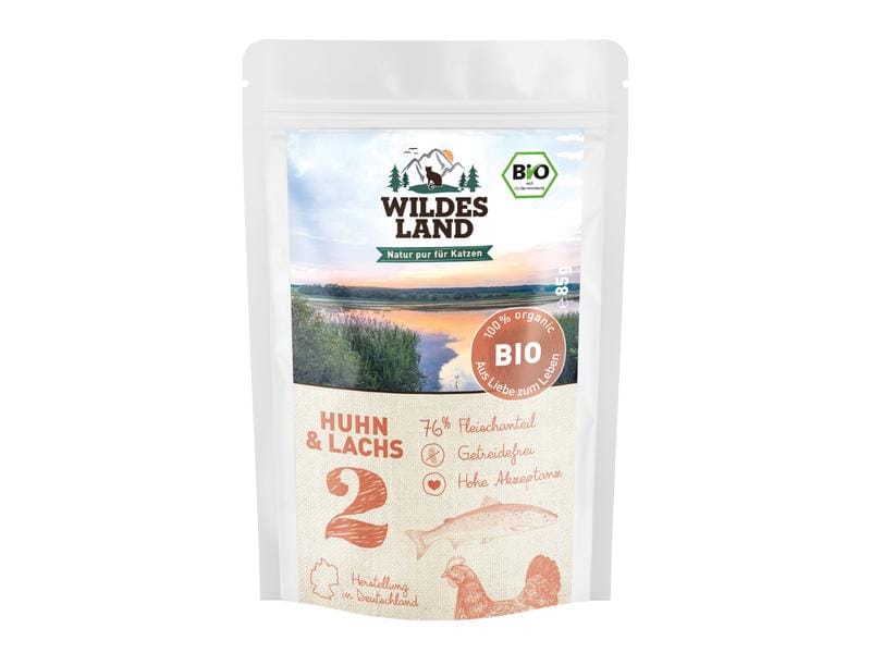 Wildes Land Nassfutter Adult BIO Huhn & Lachs 85 g Hochwertiges Biofutter aus Huhn und Lachs mit Distelöl und Cranberries