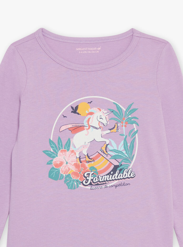Pyjama deux pièces violet pâle en coton avec cape tête de licorne