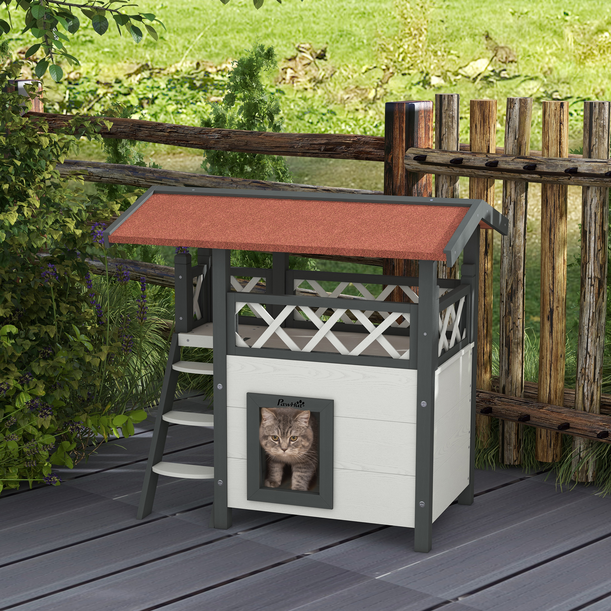 Casinha de madeira para gatos PawHut, 77x50x73 cm, 2 andares, com telhado de asfalto, escada e varanda para uso externo, branca.