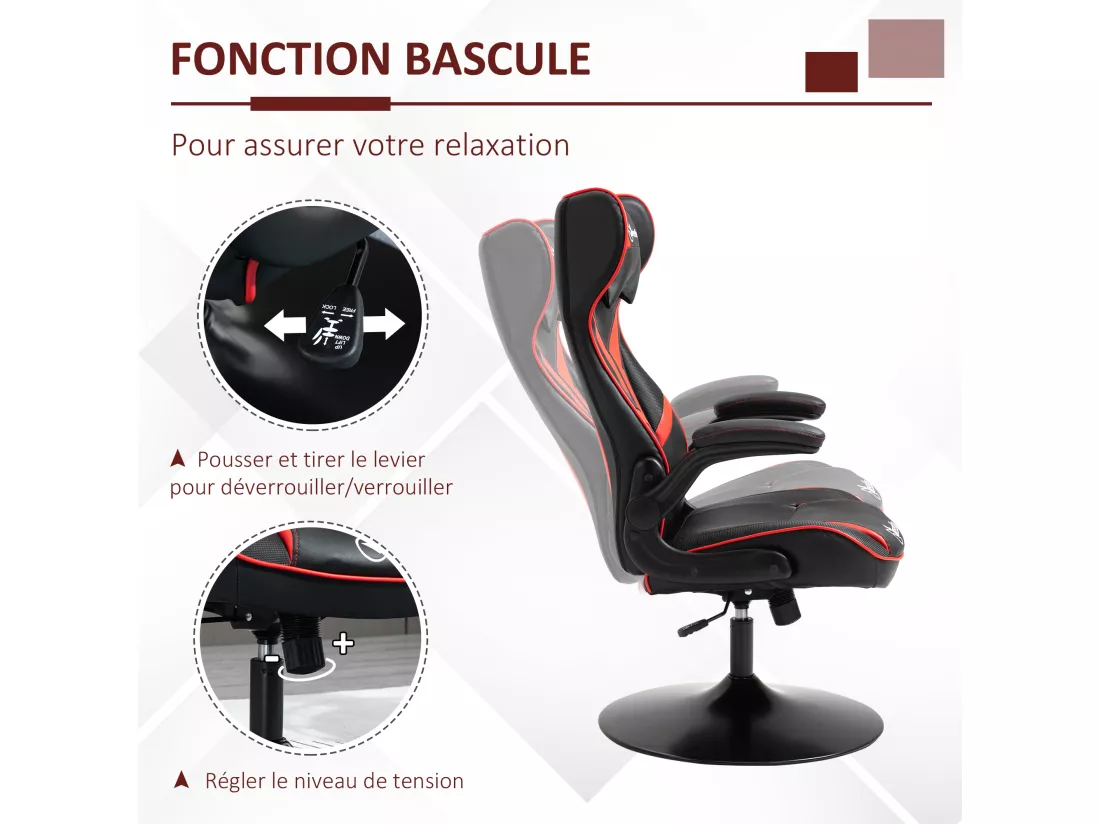 Fauteuil gaming base ronde métal pivotante 360° hauteur réglable tétière accoudoirs relevables PVC rouge noir