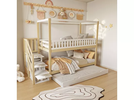 Lit superposé pour enfants 90*200 cm, garde-corps de sécurité, lit escamotable, blanc et bois massif