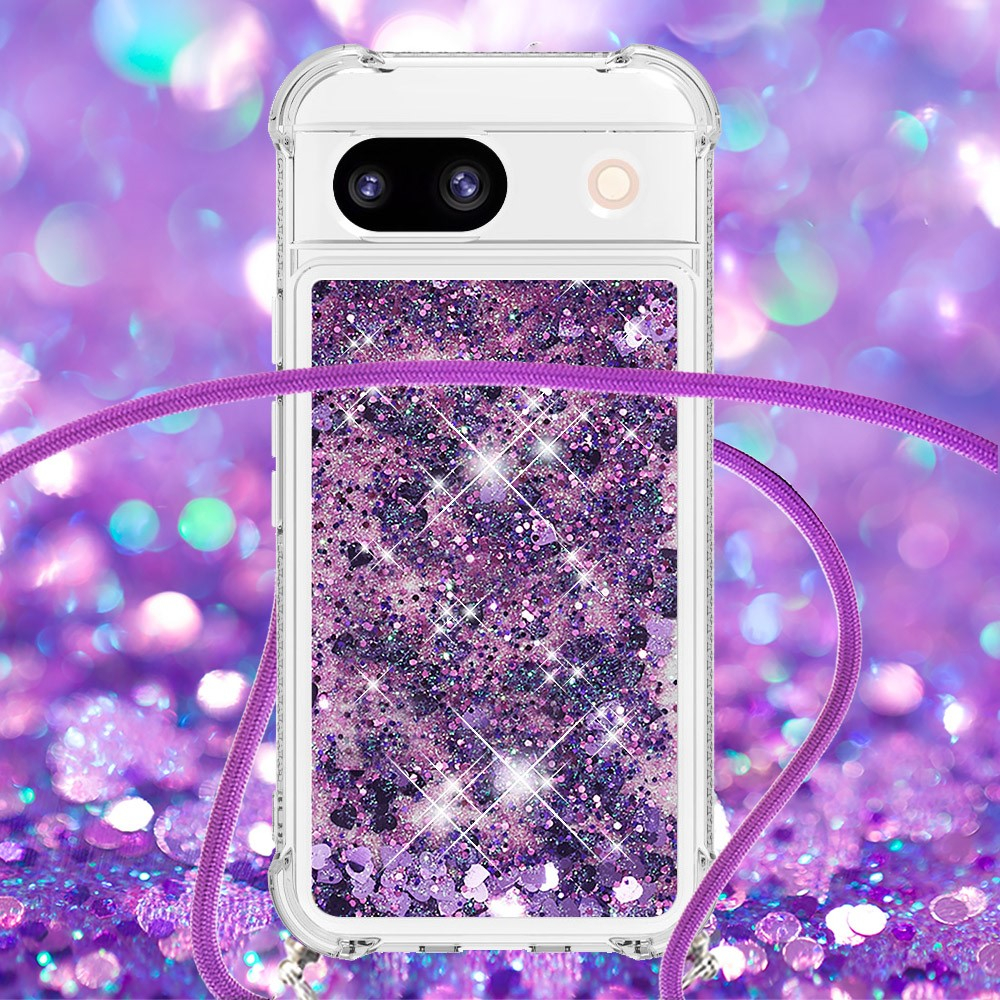 Google Pixel 8a Necklace Gummi Hülle Liquid Glitzer   Handykette (130cm) - Violett / Silber