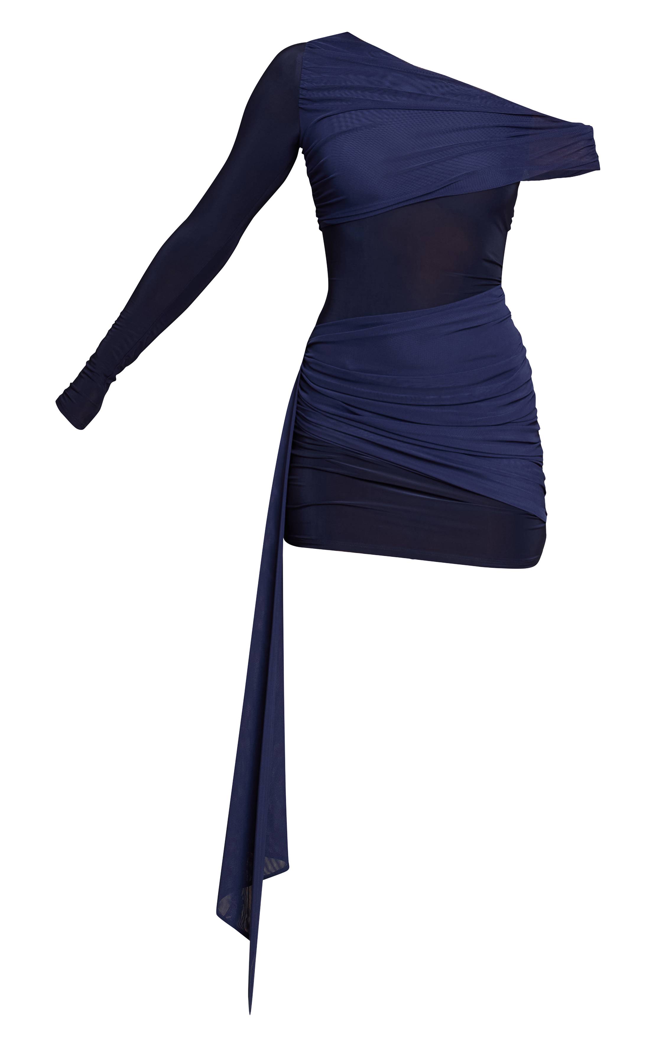 Bleu Marine Robe Moulante Courte À Manche Unique Et Détails Drapés