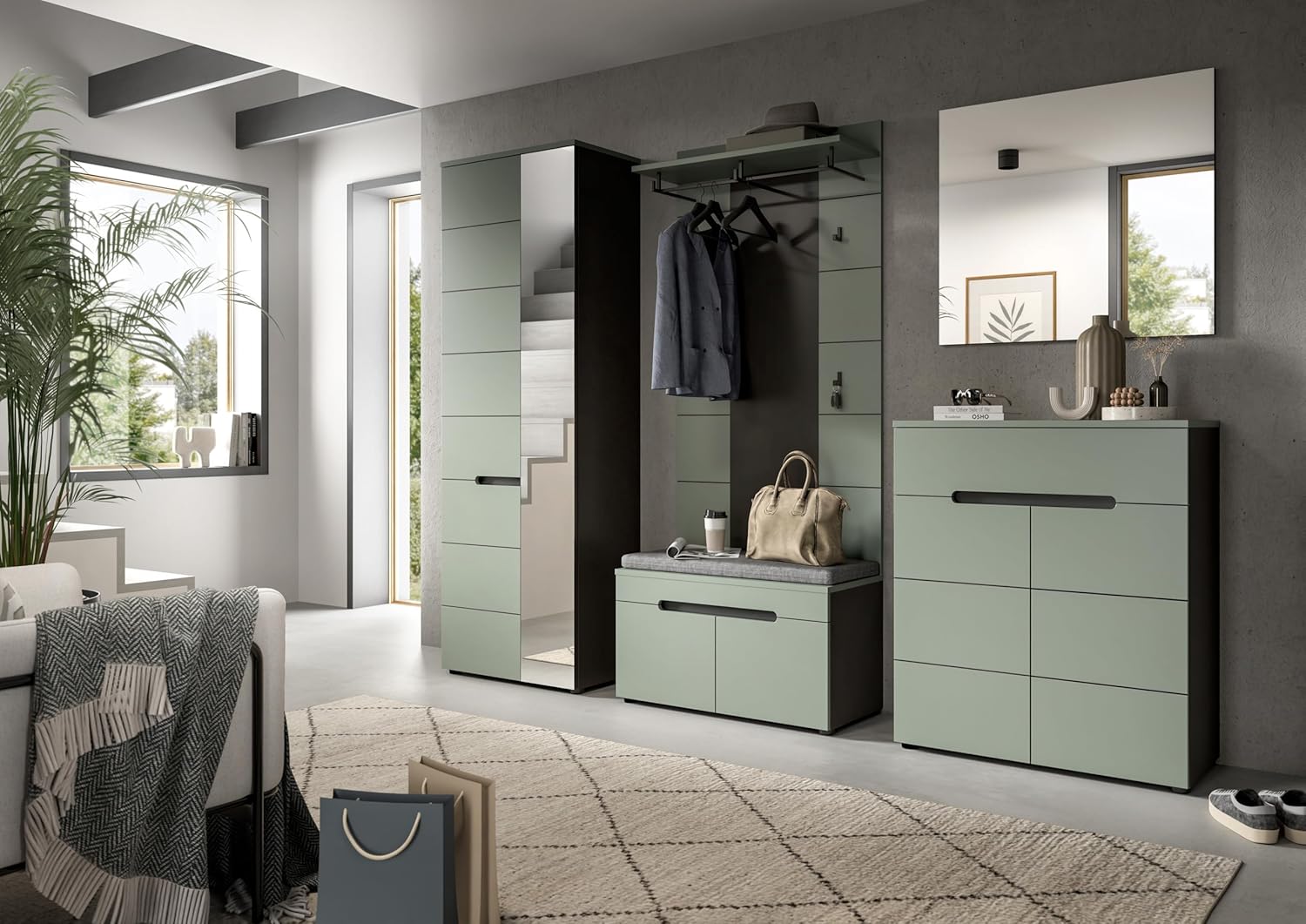 xonox.home - Sitzbank inkl. Sitzbank Canu 80x45x37cm in Korpus Basalt grau Nb., Front Smoke Green Nb. - Bank Garderobenbank Flurbank Truhe - modern & praktisch