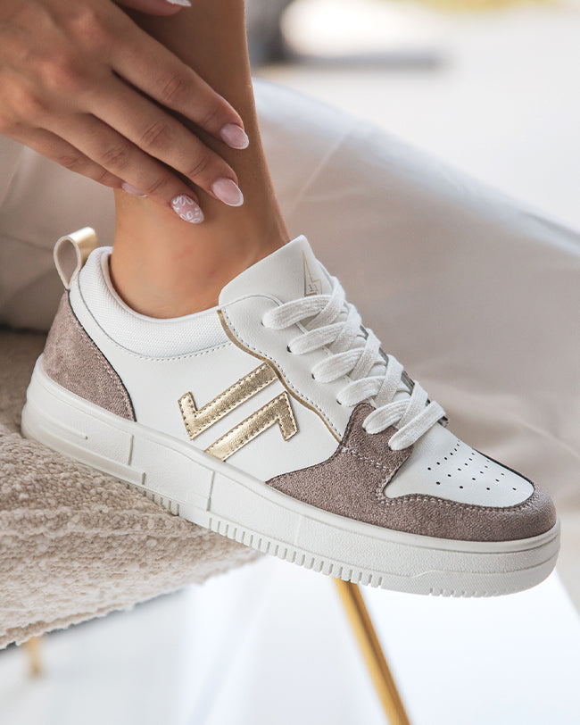 Basket femme blanche et taupe à lacets - CL75 TAUPE