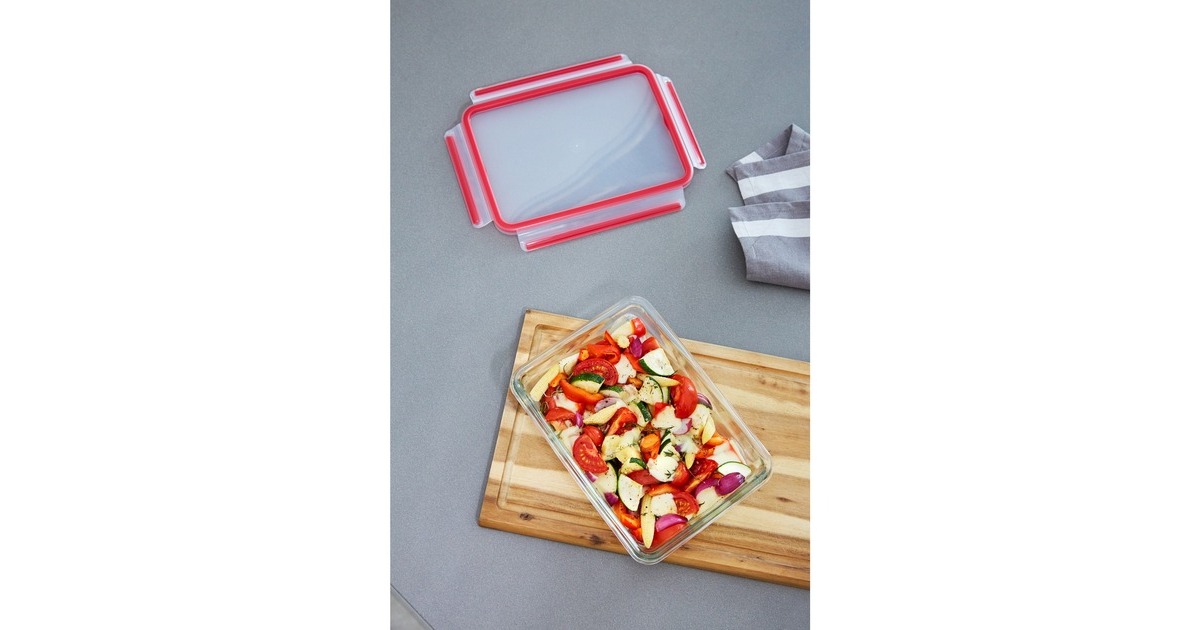 EmsaClip & Close Glazen vershoudbakje, 0,8 L doos  (Transparant/rood, vierkant)