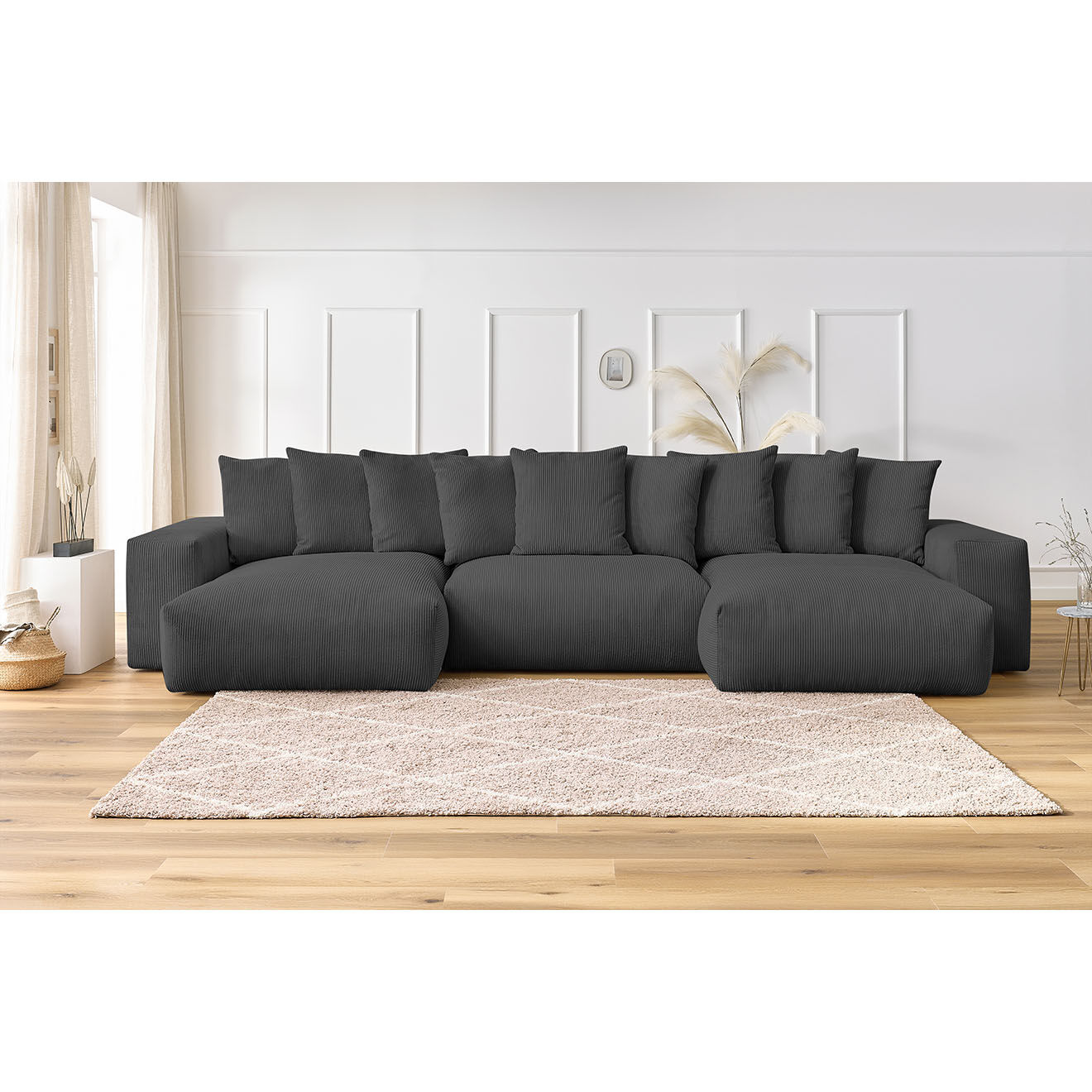 Bobochic Canapé panoramique fixe ultra moelleux voltaire velours côtelé gris foncé - 420x174x75 cm