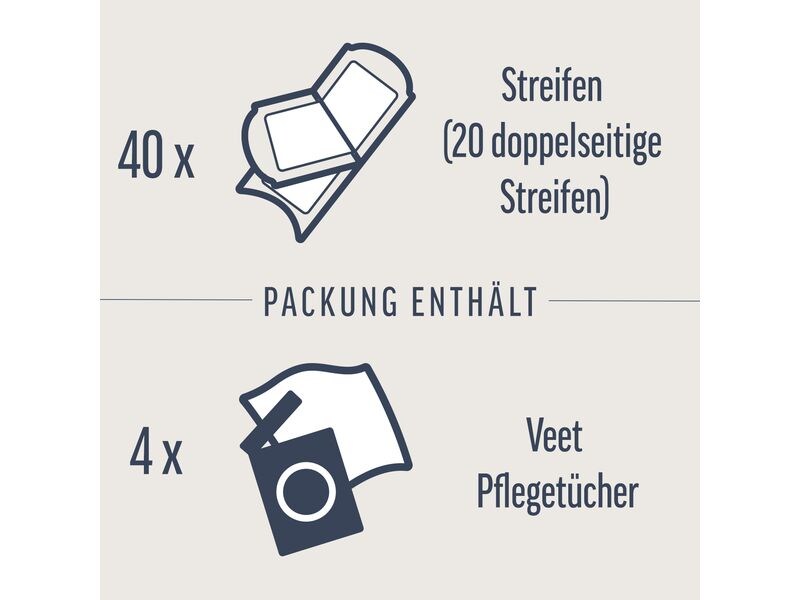 Veet Kaltwachsstreifen Körper und Beine Sensible Haut 40 St Praktische Kaltwachsstreifen mit spezieller Gel Formel und Mandelöl