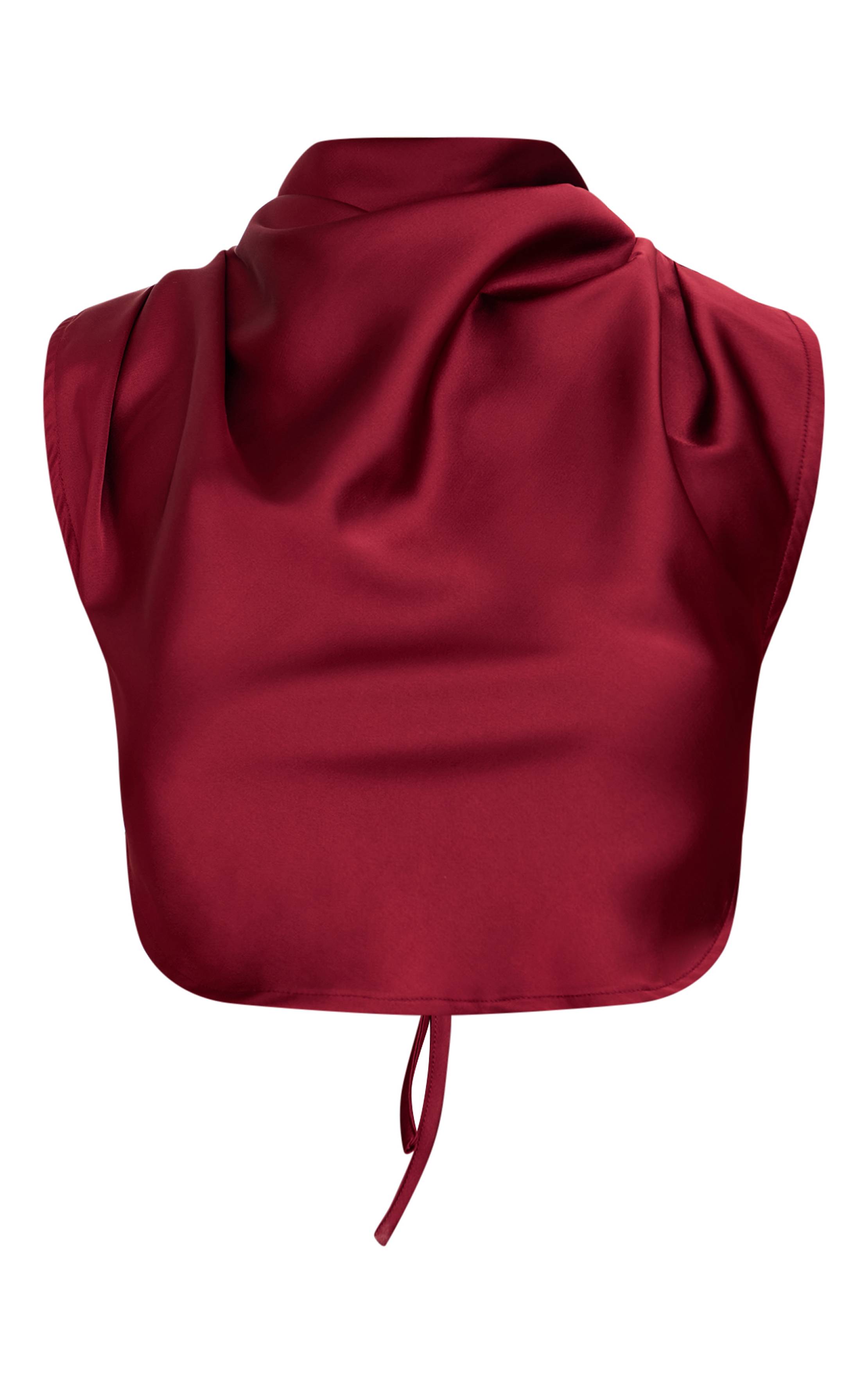 Rouge Bordeaux Crop Top Col Montant En Satin Avec Dos Noué