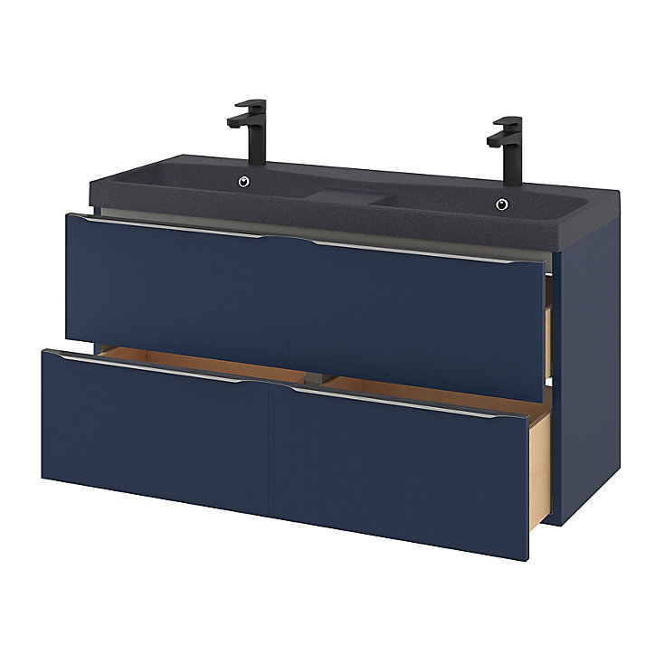 Ensemble salle de bains l.120 cm meuble à suspendre Imandra bleu nuit mat + plan double vasque résine noir